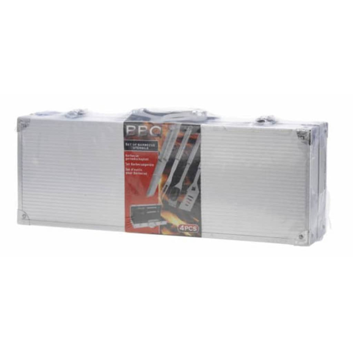 Silberner Metallkoffer mit Grillbesteck. Der Koffer ist in Kunststoff verpackt.