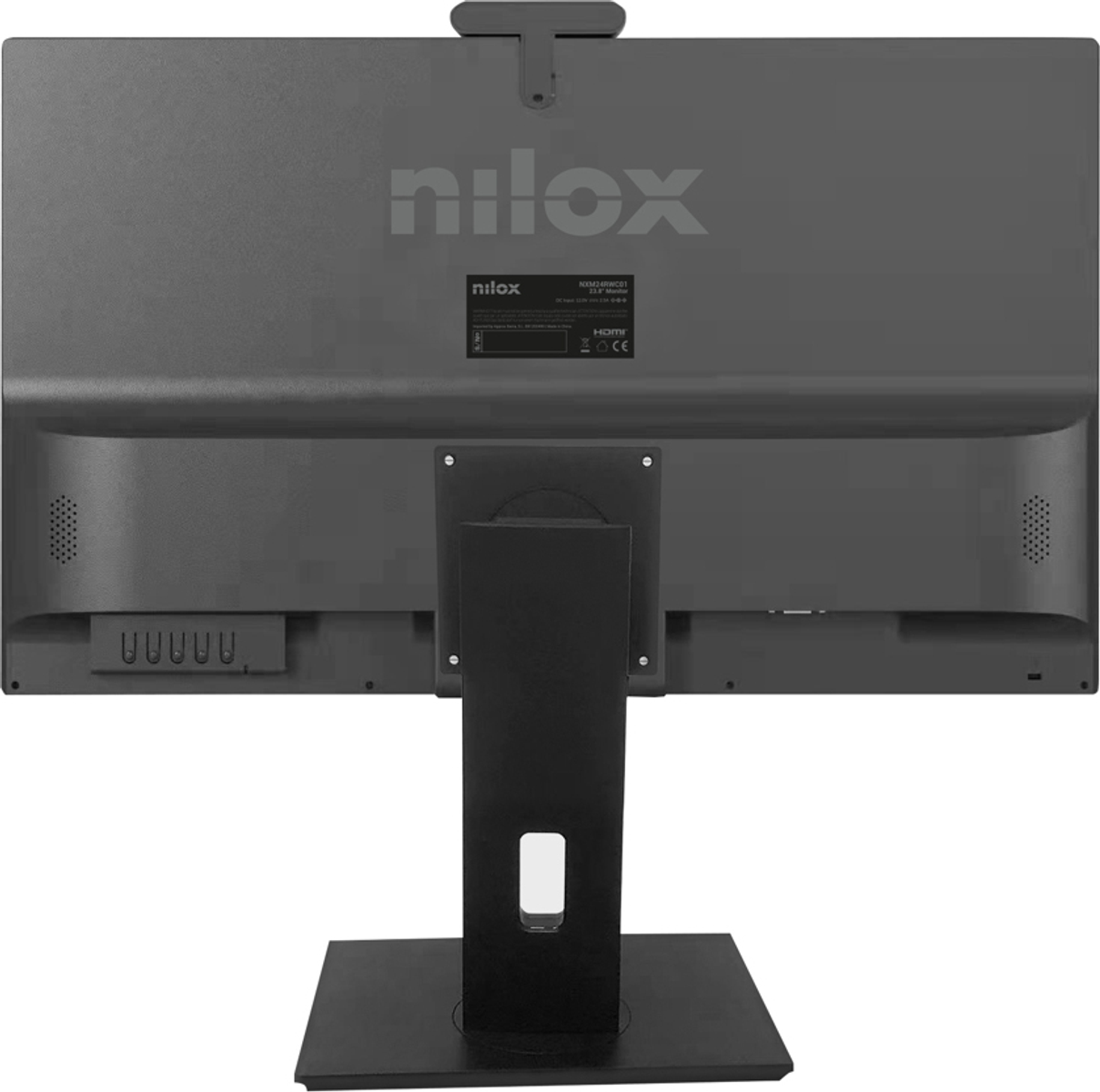 Parte trasera de un monitor Nilox negro, con soporte y puertos visibles.