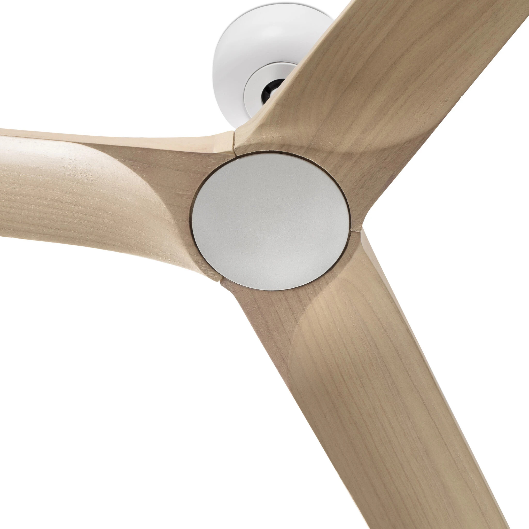 Ein Deckenventilator mit drei Holzflügeln und einem weißen Motor. Die Ansicht ist von unten.