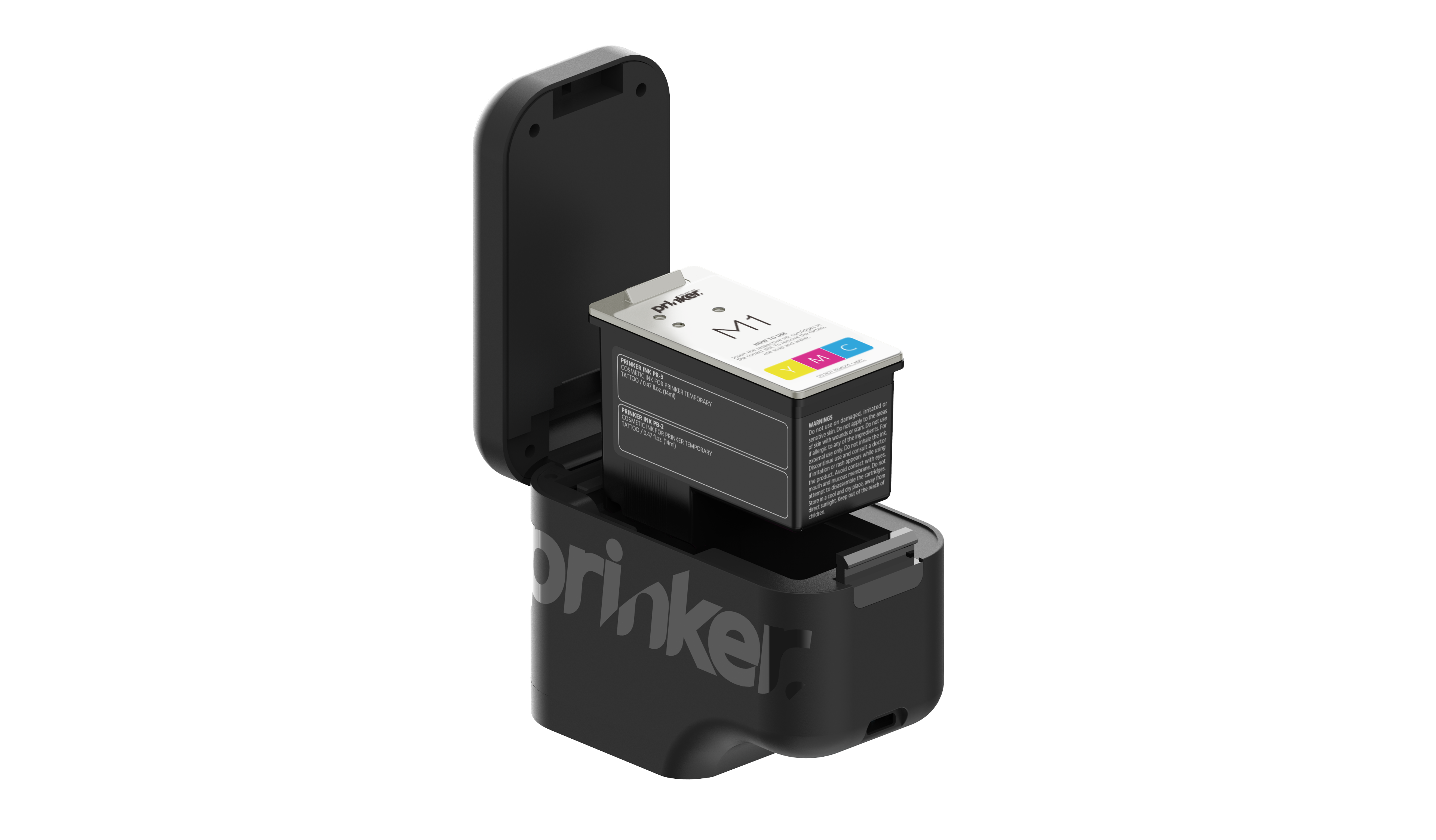 Czarny wkład atramentowy do drukarki, z białą etykietą, wewnątrz czarnej drukarki, na czarnym tle.