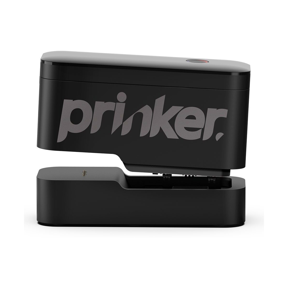 Stampante 'prinker' nera con logo grigio, su sfondo bianco.
