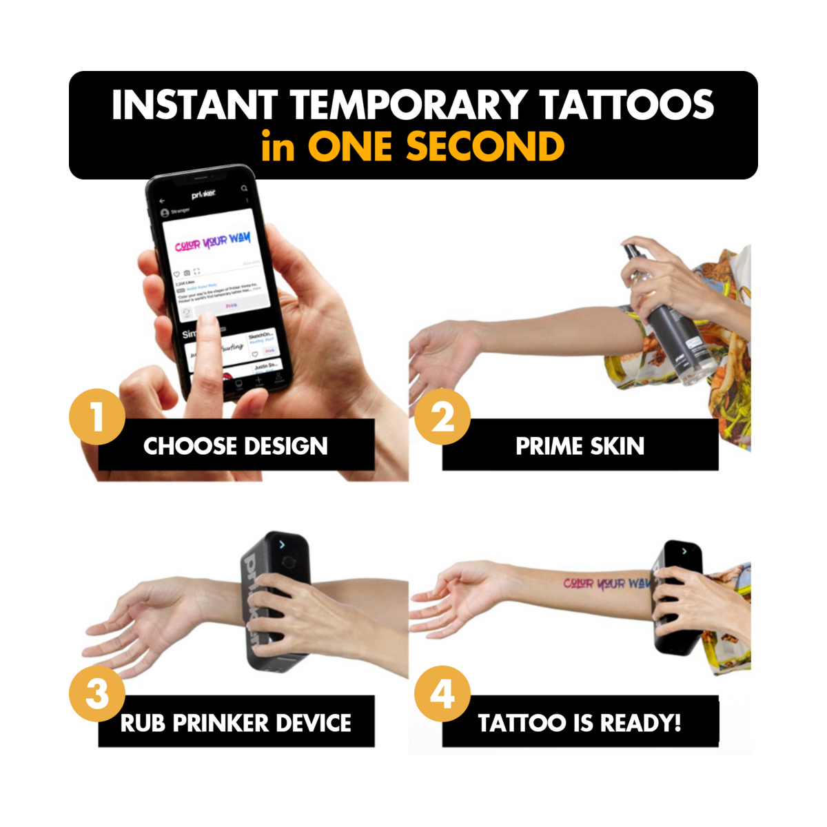Un processo in quattro fasi per applicare un tatuaggio temporaneo utilizzando un telefono e un dispositivo.