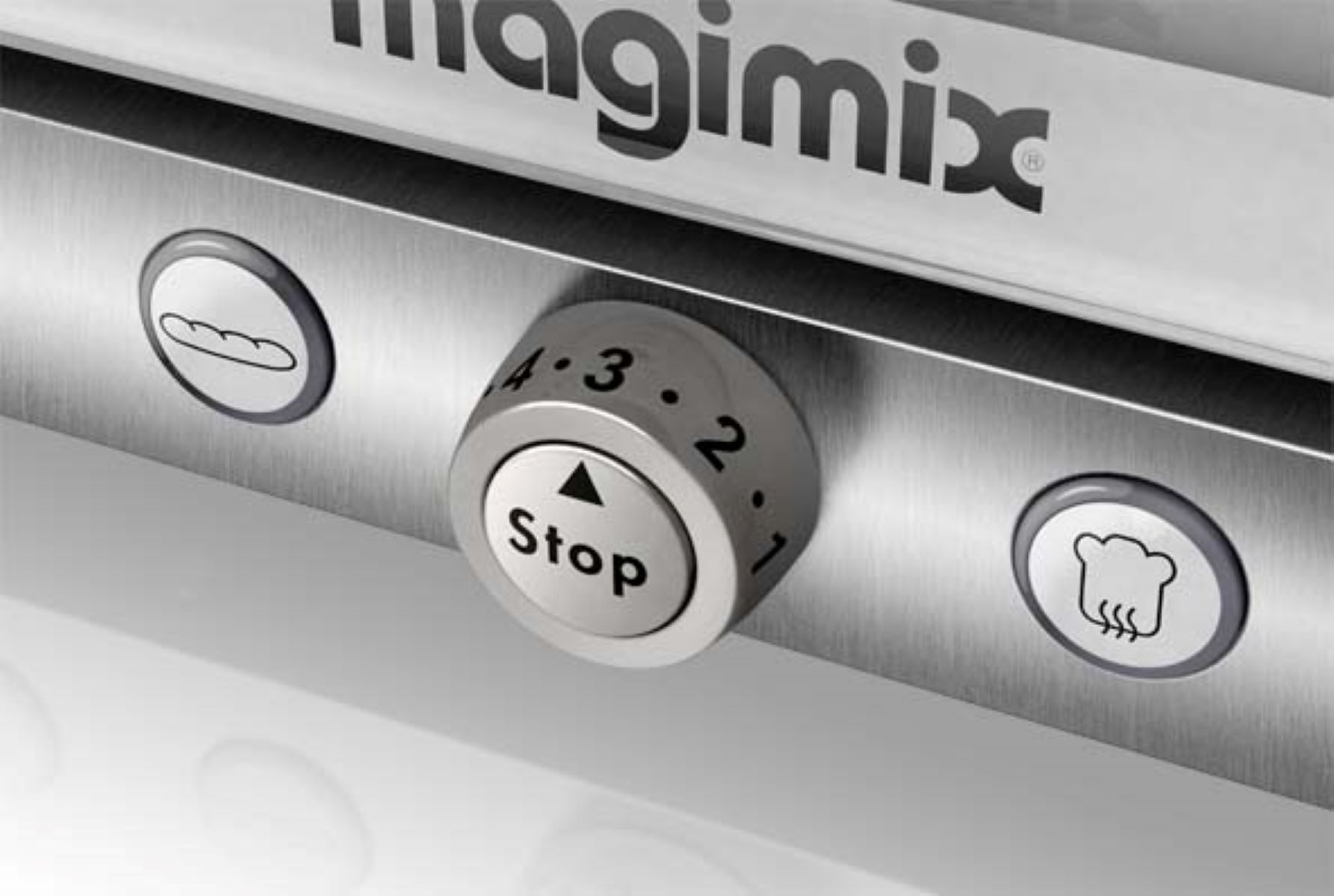 Zbliżenie panelu sterowania tostera. Ma pokrętło i dwa przyciski. Widoczna nazwa marki.