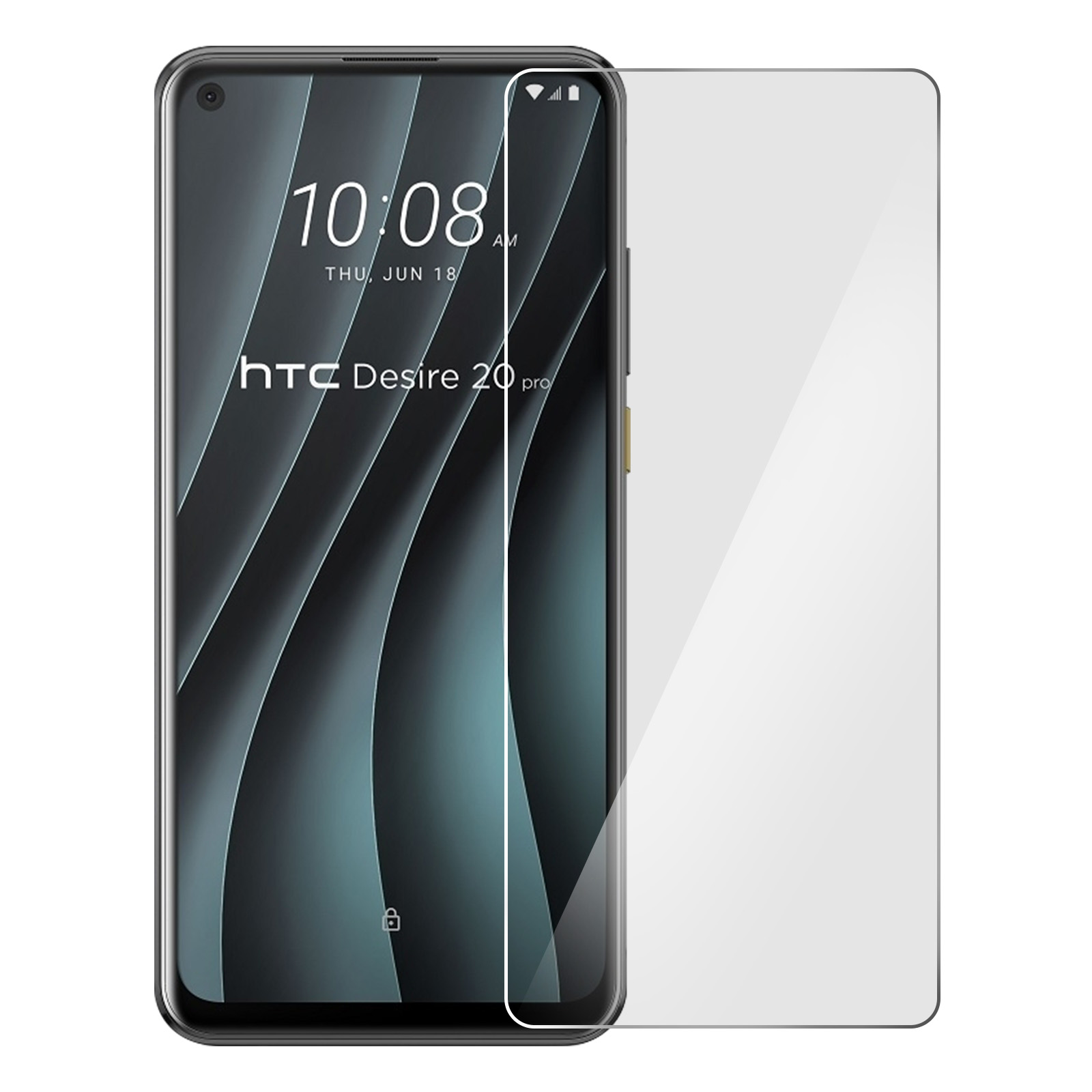 Telefono HTC con protezione schermo. Mostra l'ora. La protezione copre lo schermo. Telefono nero, protezione bianca.