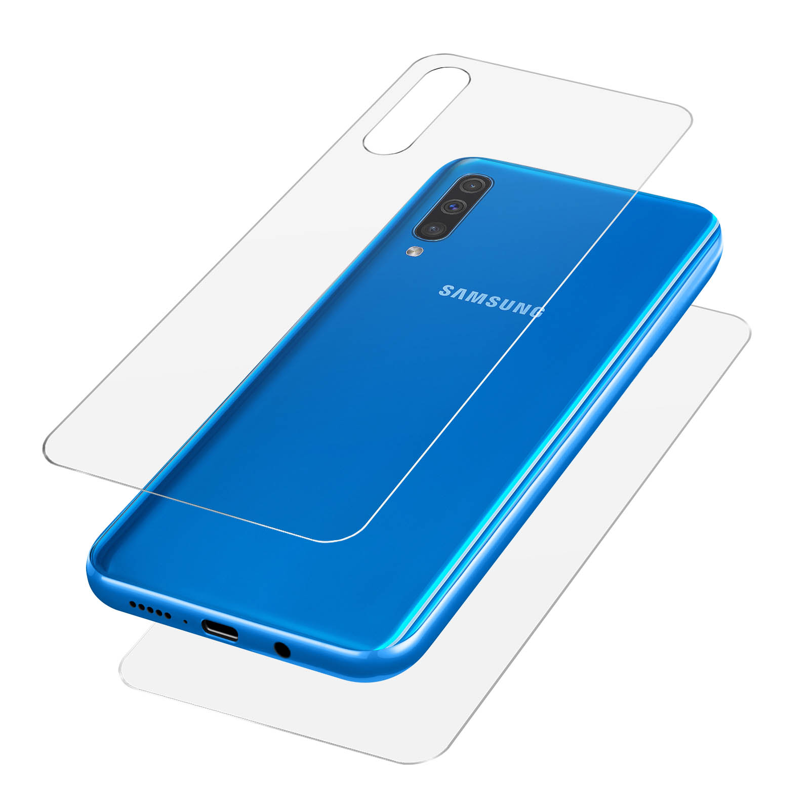 Un telefono Samsung blu con una cover protettiva trasparente è mostrato. Il telefono è su sfondo bianco.