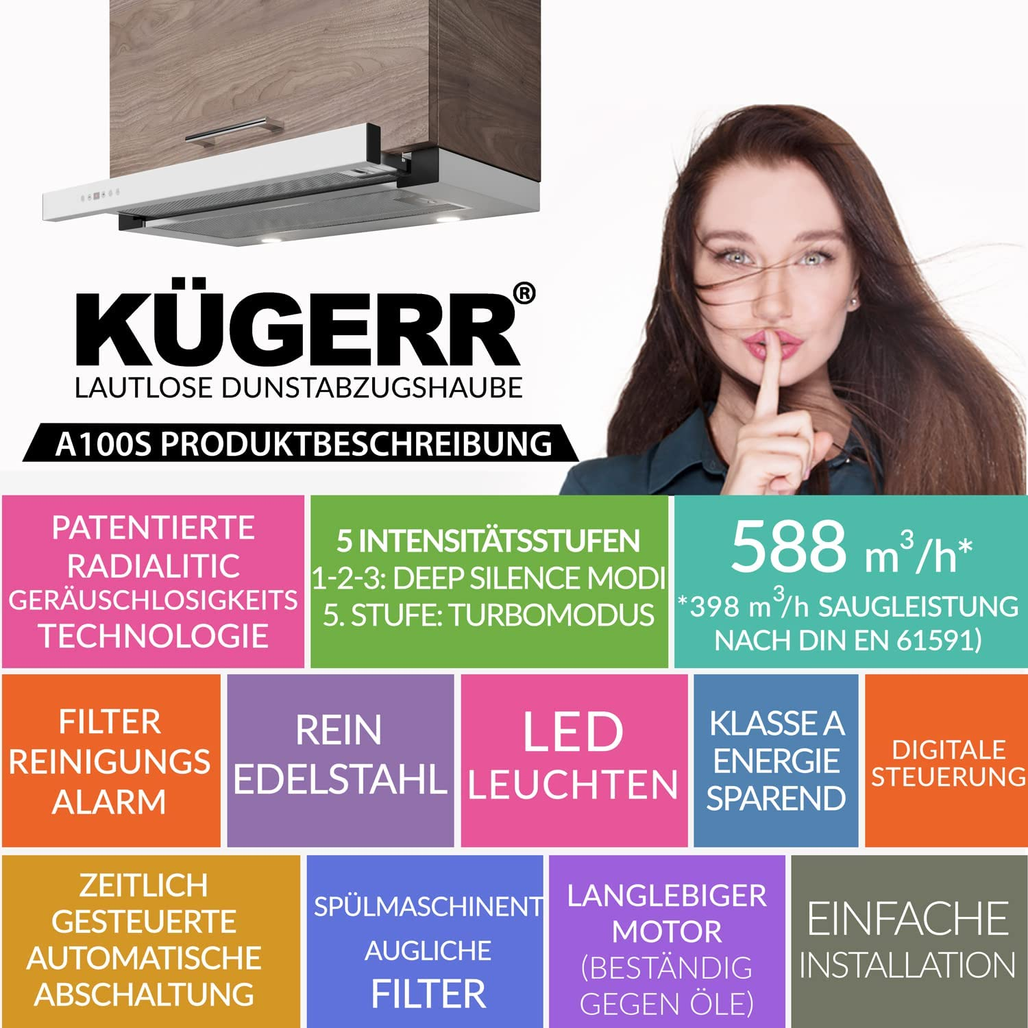 Werbung für eine Dunstabzugshaube mit Text und einer Frau, die Stille signalisiert.