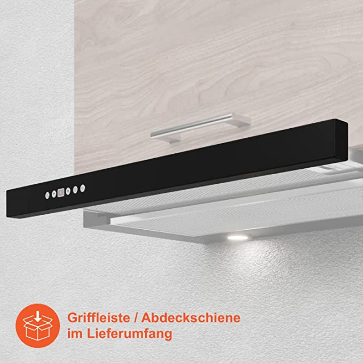 Schwarze Dunstabzugshaube an einer Wand über einem Herd installiert. Es hat ein Touch-Bedienfeld.
