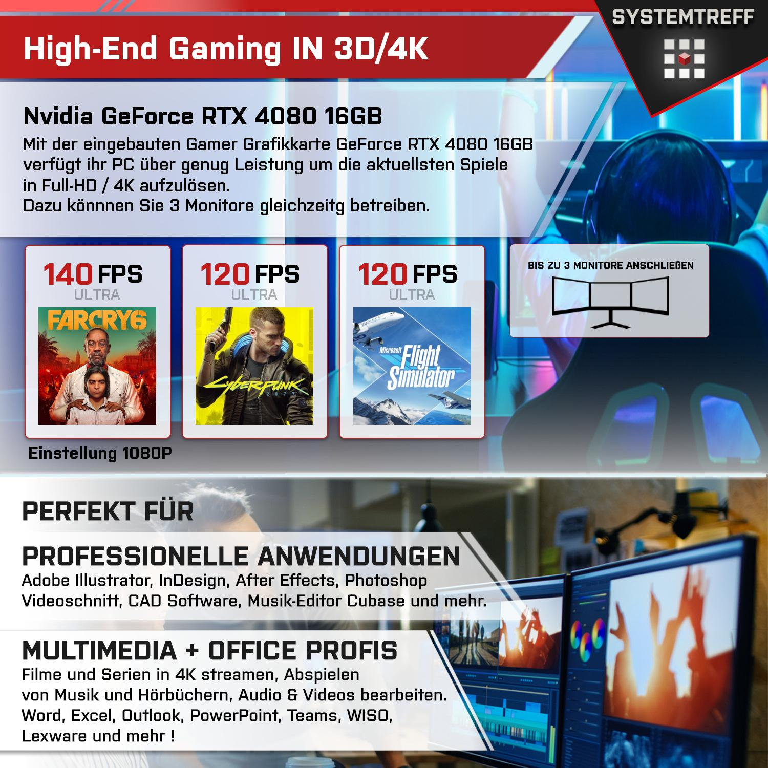 SYSTEMTREFF Gaming Komplett AMD Ryzen mit RAM, PC GB Komplett 16GB 7900X3D, mSSD, Nvidia 9 GB 4080 16 2000 Prozessor, GB GeForce 32 7900X3D RTX GDDR6
