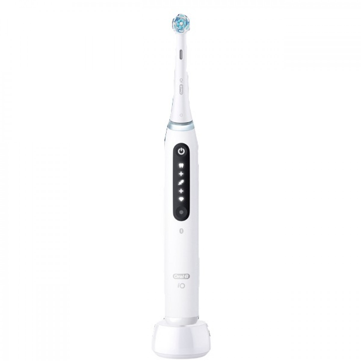 Weiße elektrische Zahnbürste mit schwarzen Knöpfen und blauem Bürstenkopf. Weiße Basis.