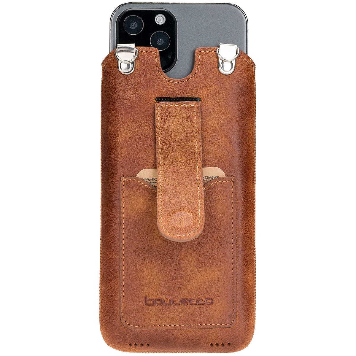 BURKLEY Leder Handy-Tasche mit Trage-Riemen 13, Braun IPhone Sleeve, und Kartenfach, Apple