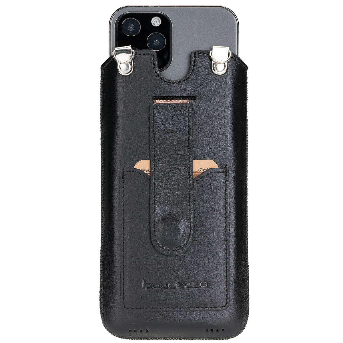 BURKLEY Leder Handy-Tasche mit Trage-Riemen Schwarz iPhone Kartenfach, Sleeve, und 13 Pro, Apple