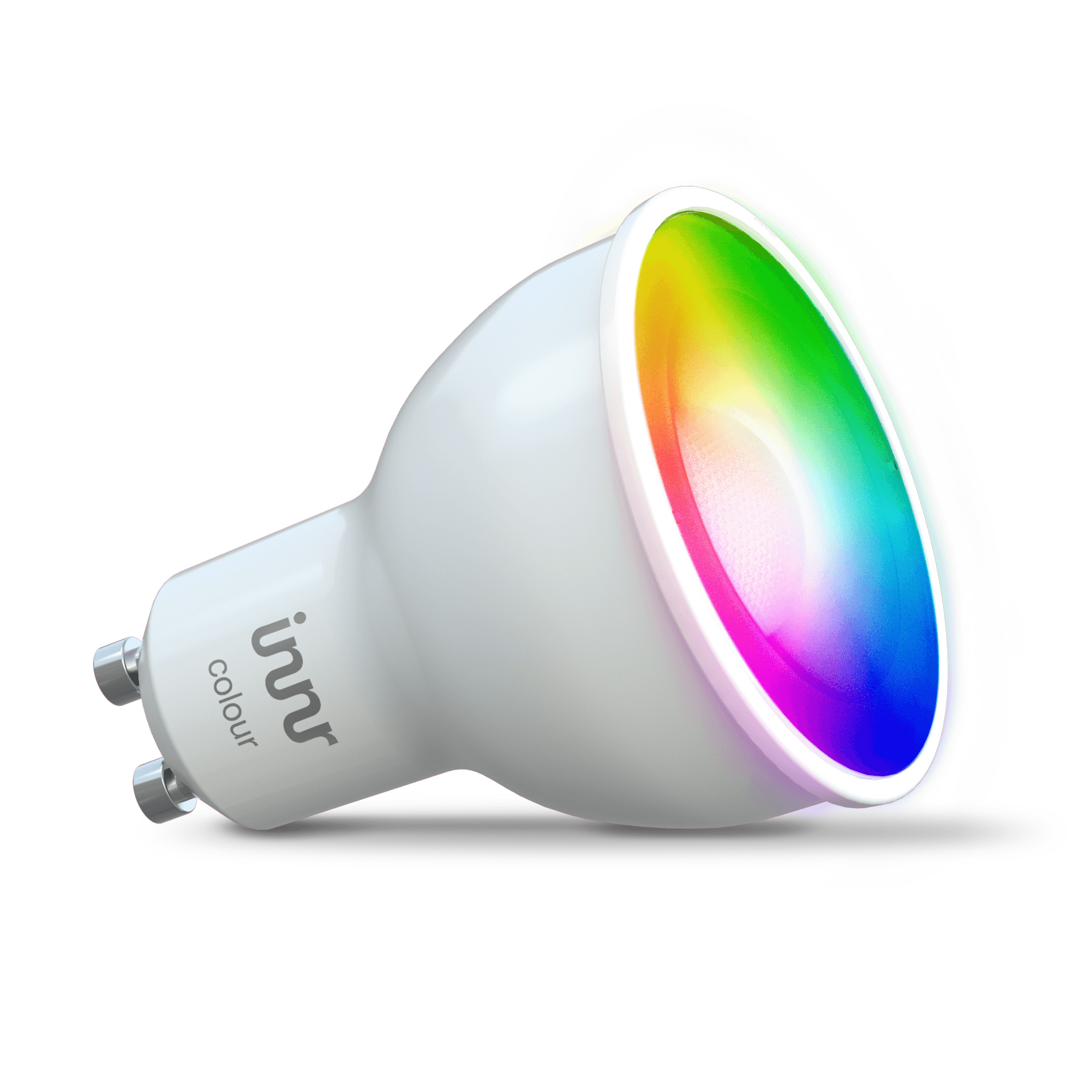 Eine weiße LED-Glühbirne mit farbenfrohem Regenbogenlicht, das vom Ende ausgeht.
