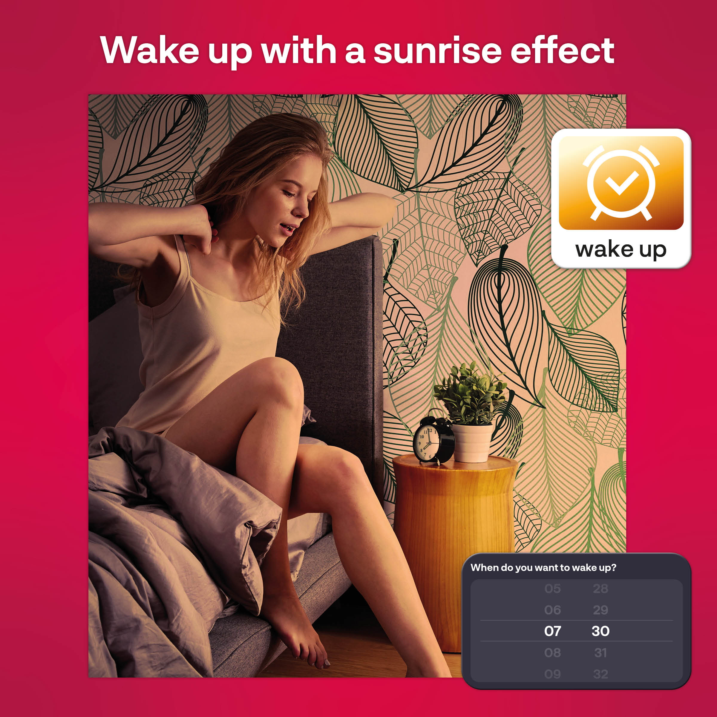 Frau wacht im Bett auf, mit Sonnenaufgangseffekt und einem Weck-Widget.