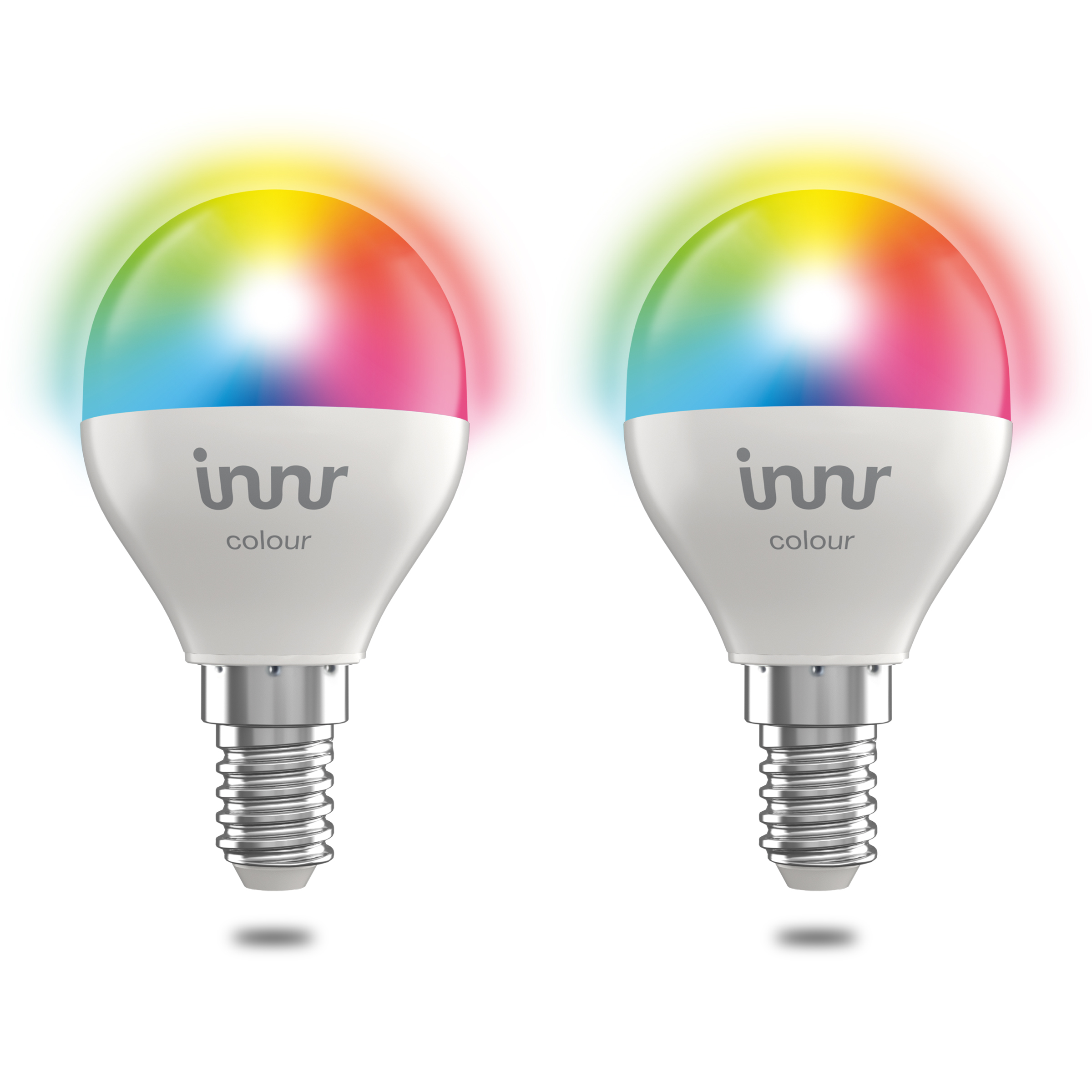 Zwei weiße LED-Lampen mit farbigem Licht, mit der Marke 'innr colour'.