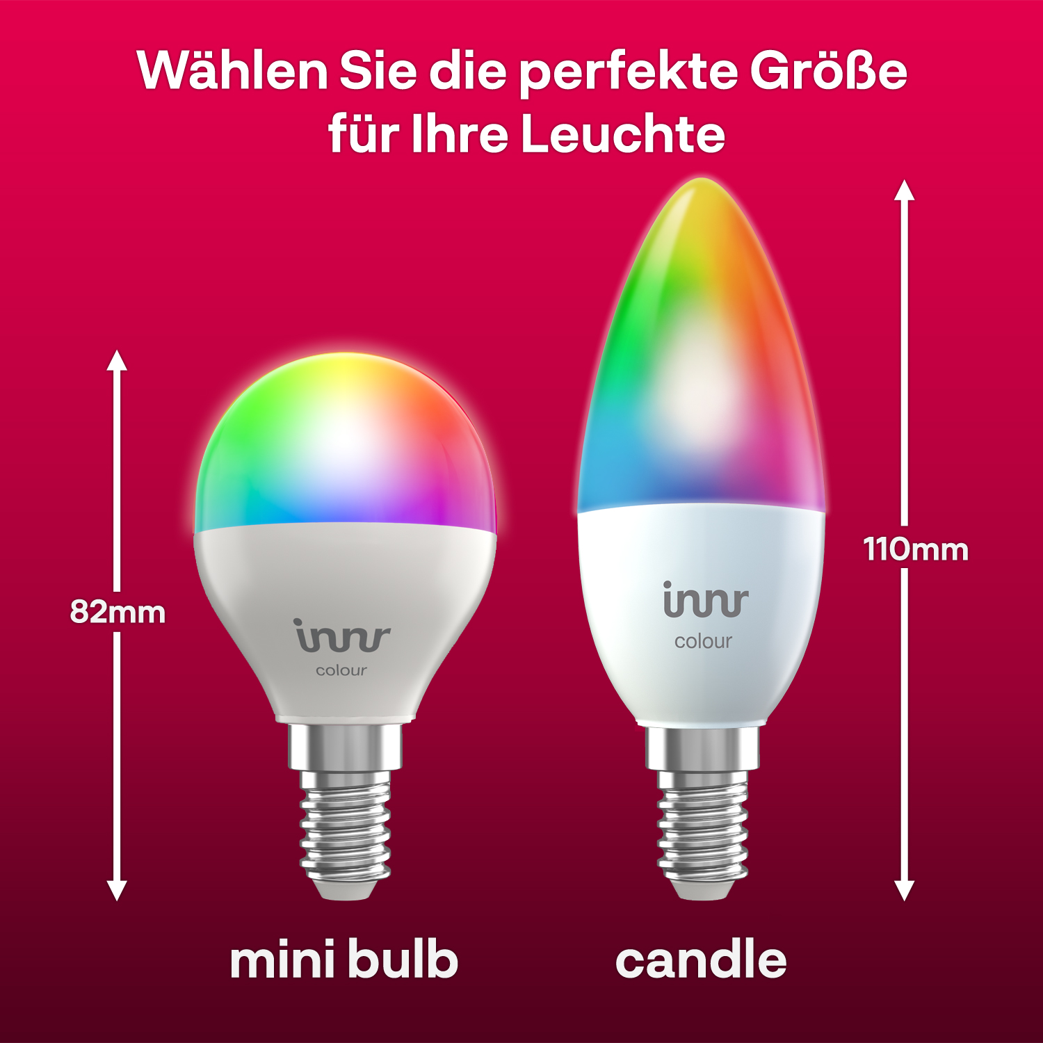Zwei intelligente Glühbirnen, eine rund, eine kerzenförmig, mit Abmessungen und Farbverläufen.