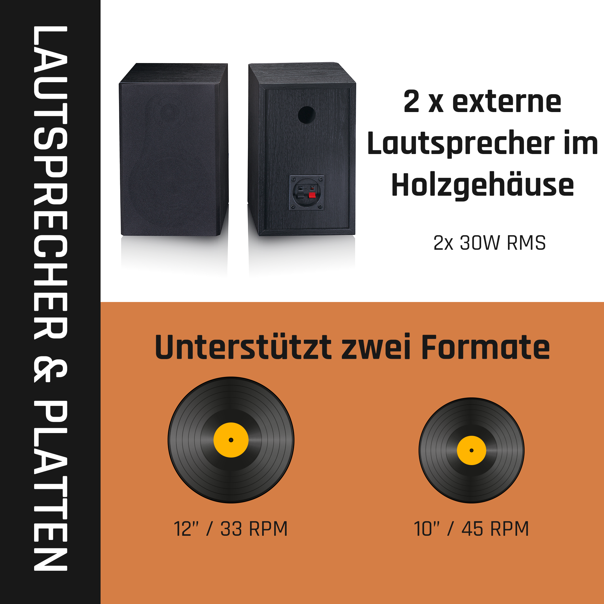 LENCO LS-500BK - 2 externe Schwarz - Plattenspieler Bluetooth Lautsprechern