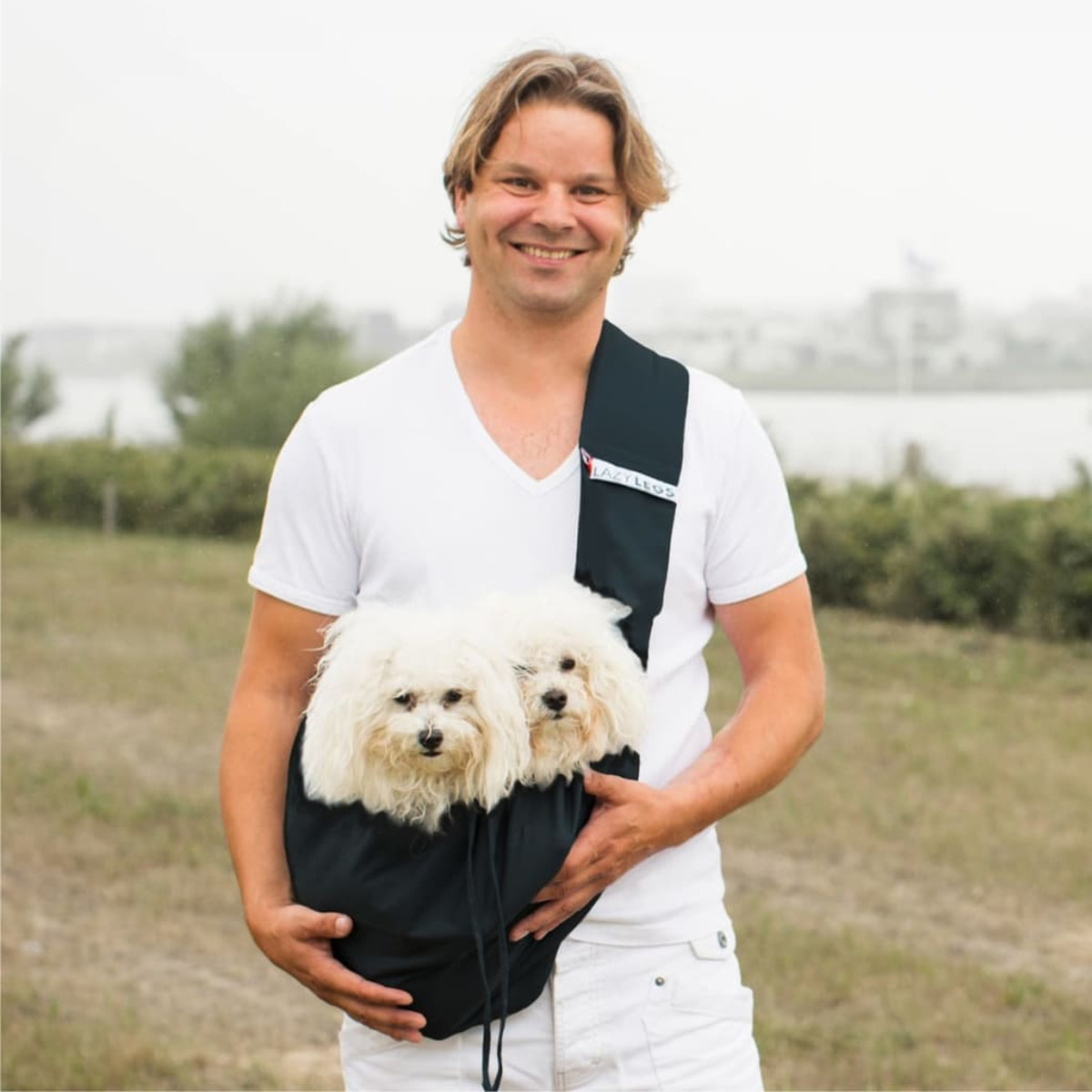 Mann hält schwarzen Hunde-Träger mit zwei weißen Hunden darin. Grüner Hintergrund.