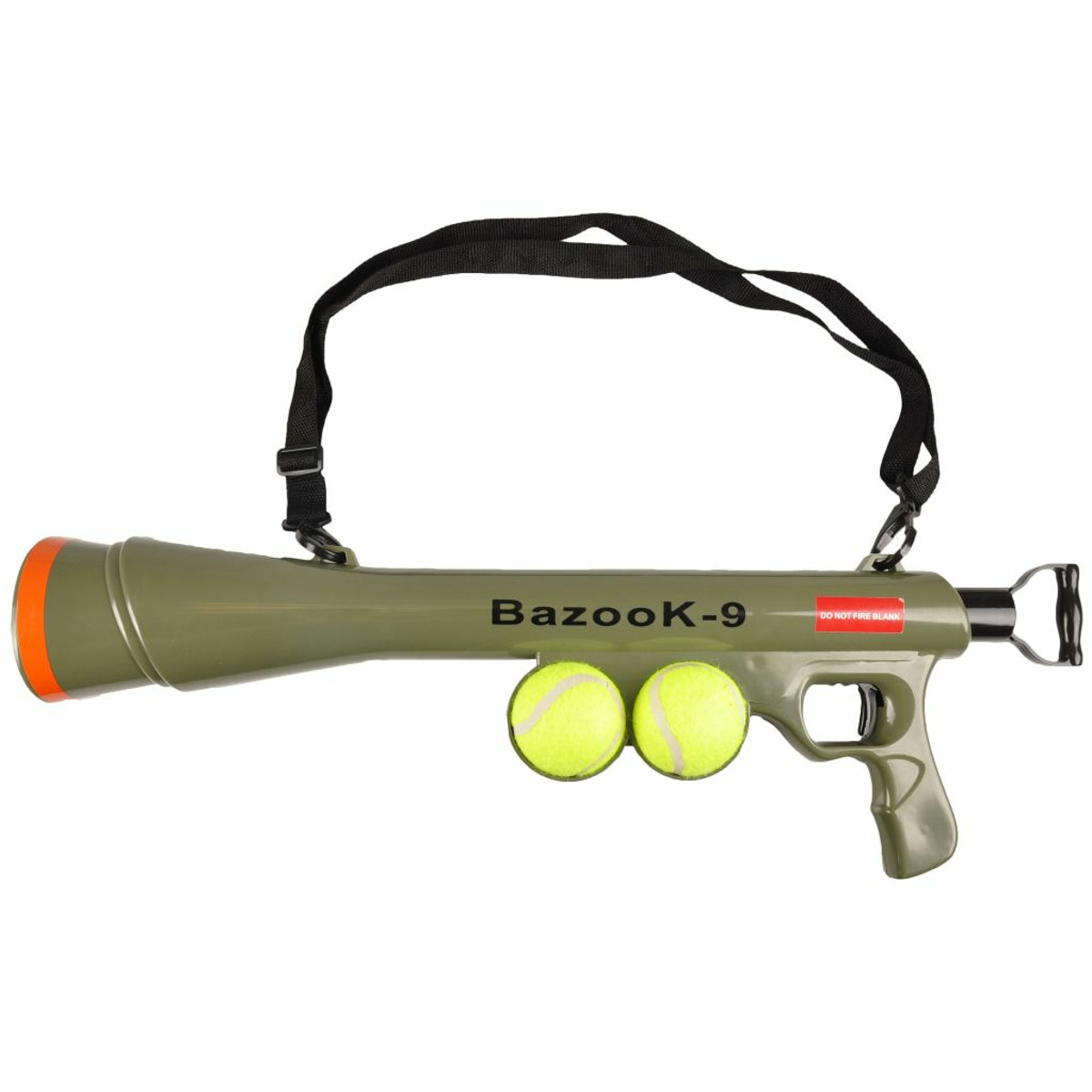 Eine grüne Spielzeug-Bazooka mit Tennisbällen und einem schwarzen Gurt, Text: "Bazook-9".