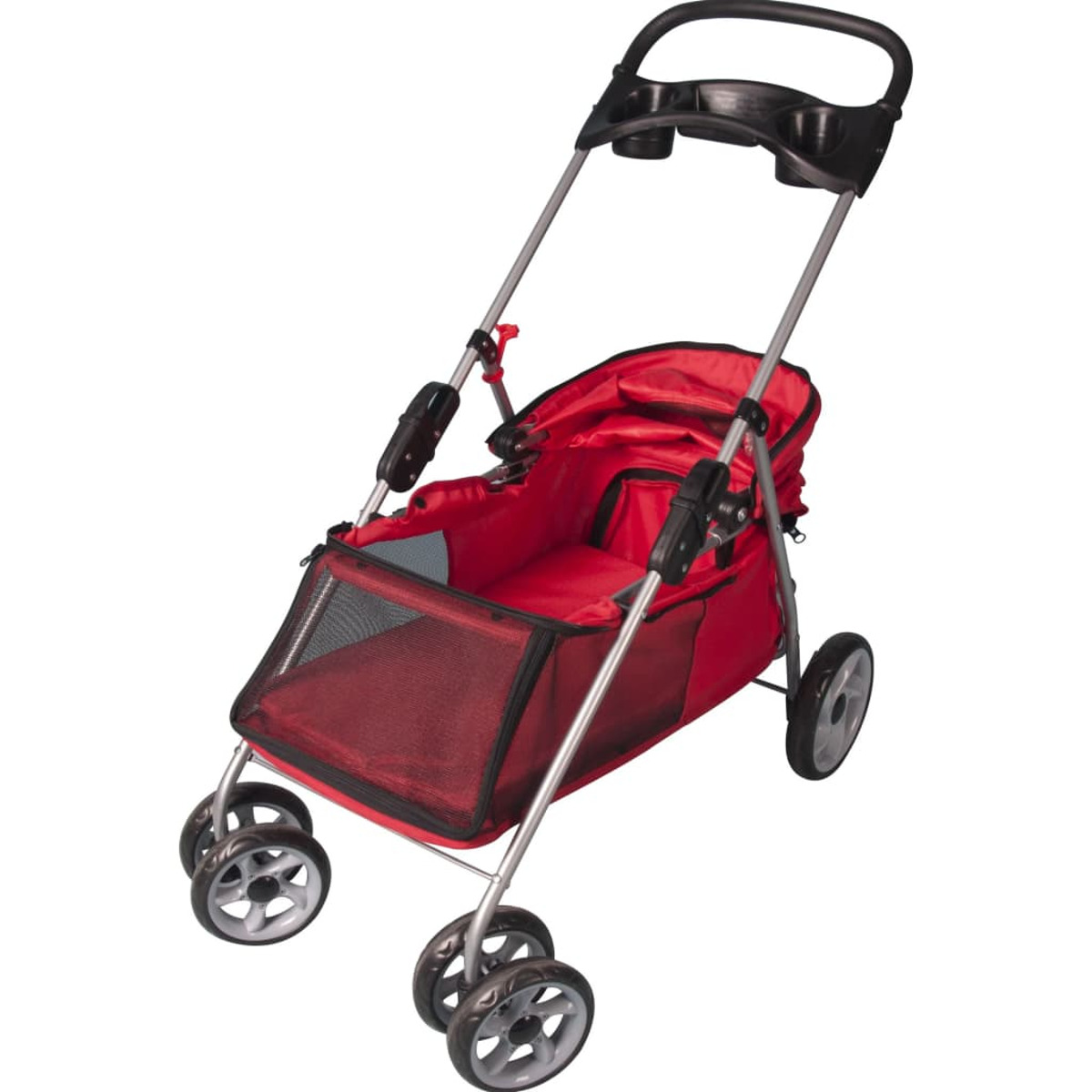 Ein roter Tier-Kinderwagen mit Griff und Rädern, von oben gezeigt.