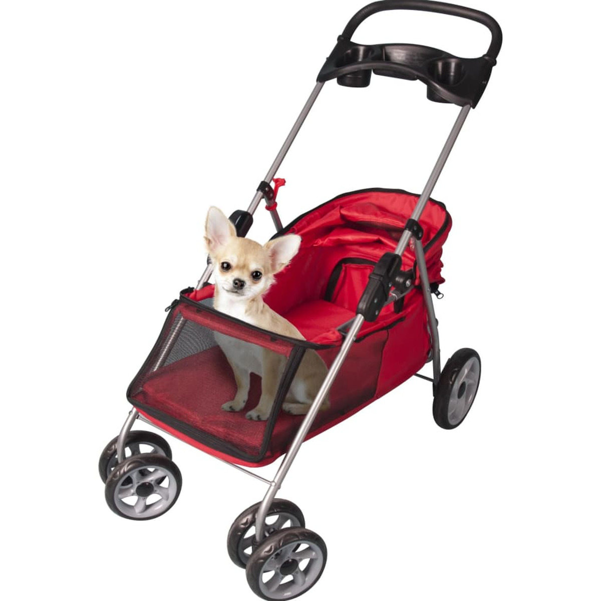 Ein kleiner Hund in einem roten Tier-Kinderwagen auf weißem Hintergrund.