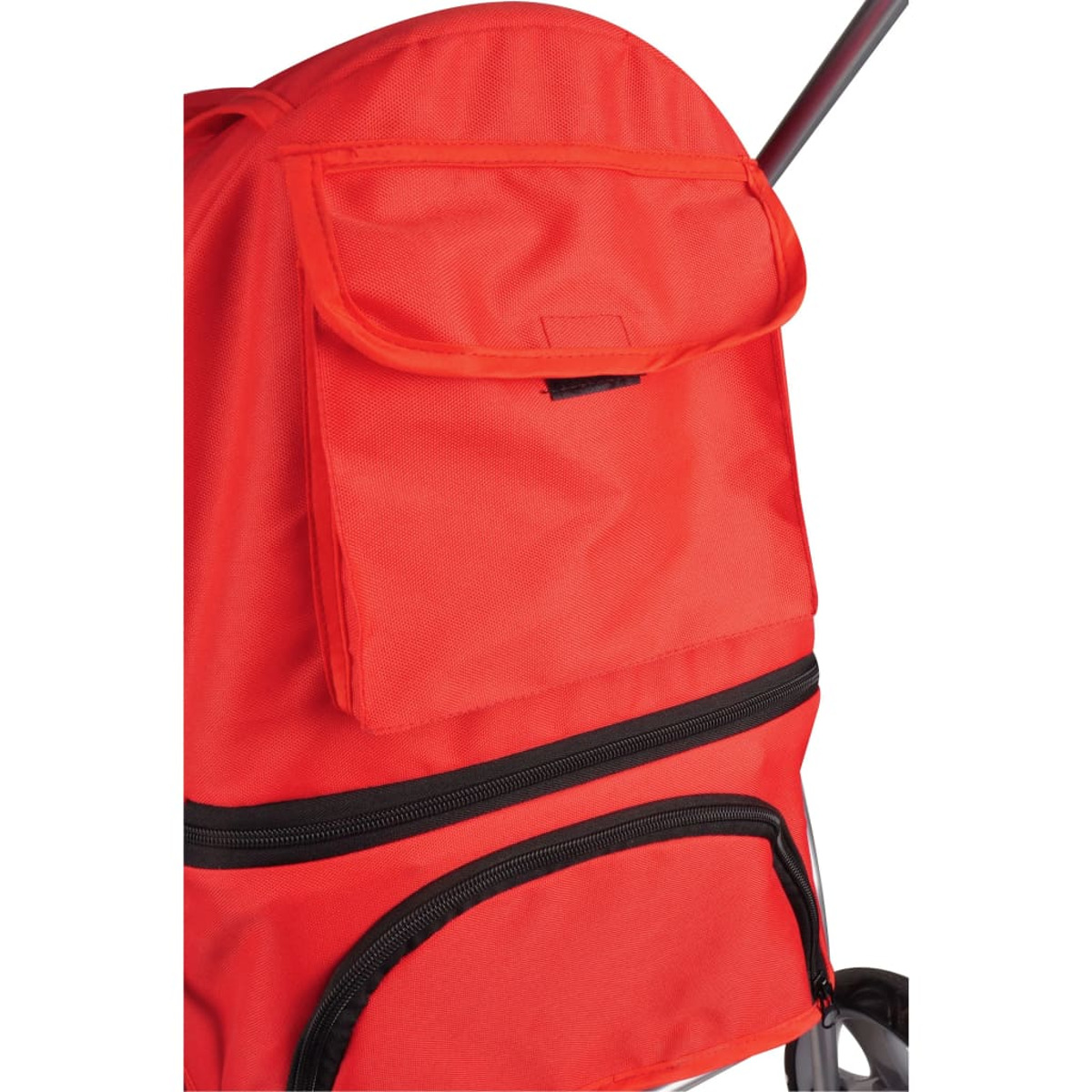Nahaufnahme einer roten Einkaufswagen-Tasche mit Tasche. Schwarze Reißverschlüsse, auf weißem Hintergrund.