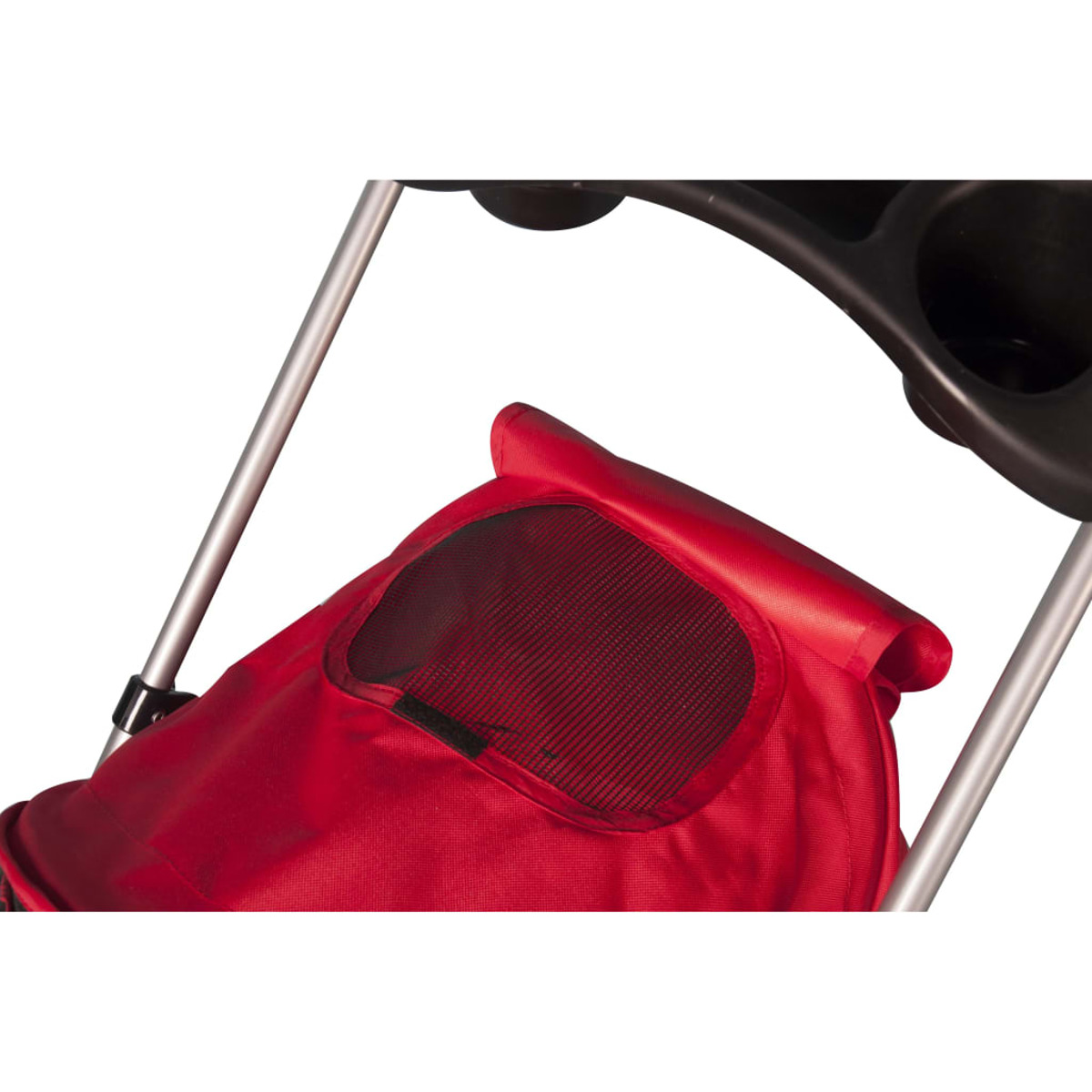 Rote Kinderwagen-Aufbewahrungstasche, schwarzer Griff, weißer Hintergrund.