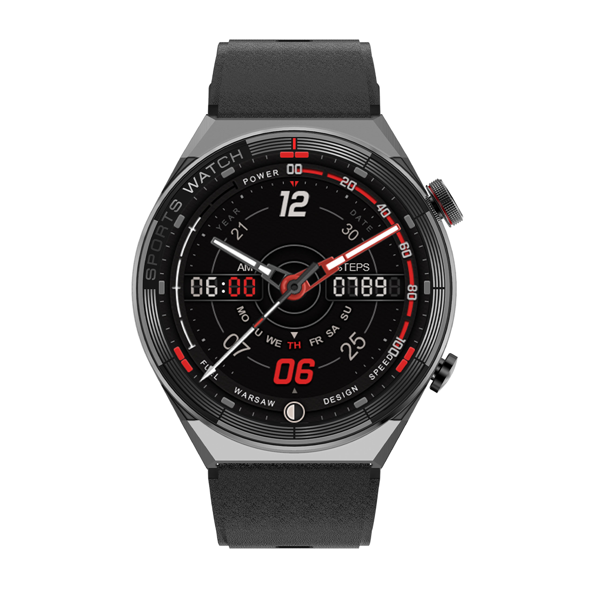 Smartwatch z czarną tarczą, srebrną kopertą i czarnym paskiem.