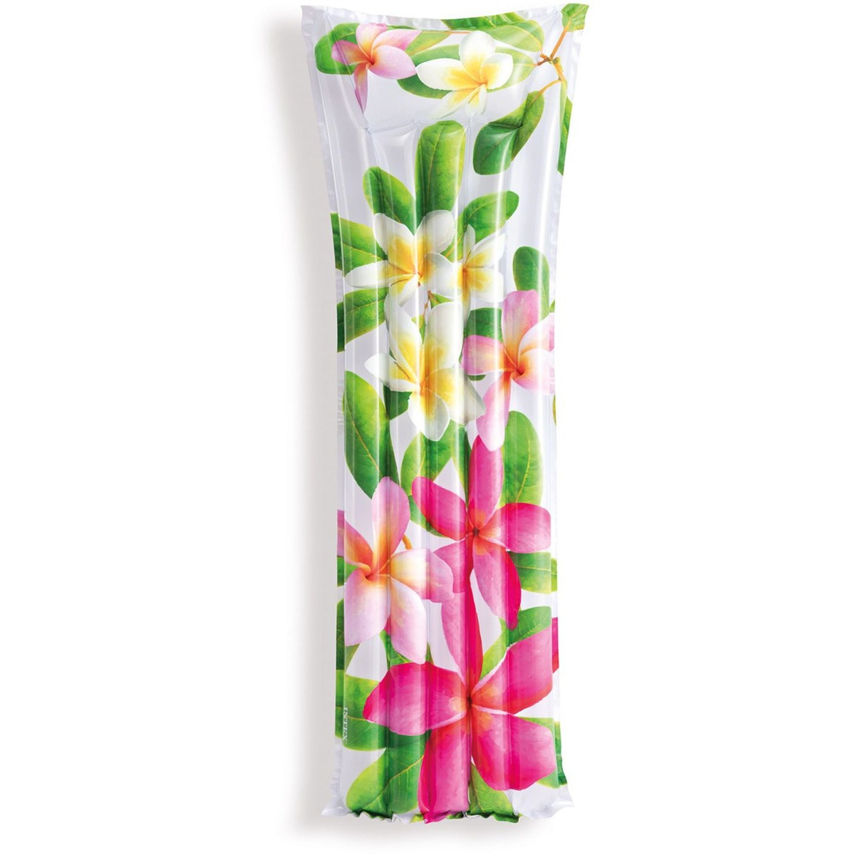 Aufblasbare Poolliege mit floralem Design aus rosa, weißen und gelben Blumen und grünen Blättern.