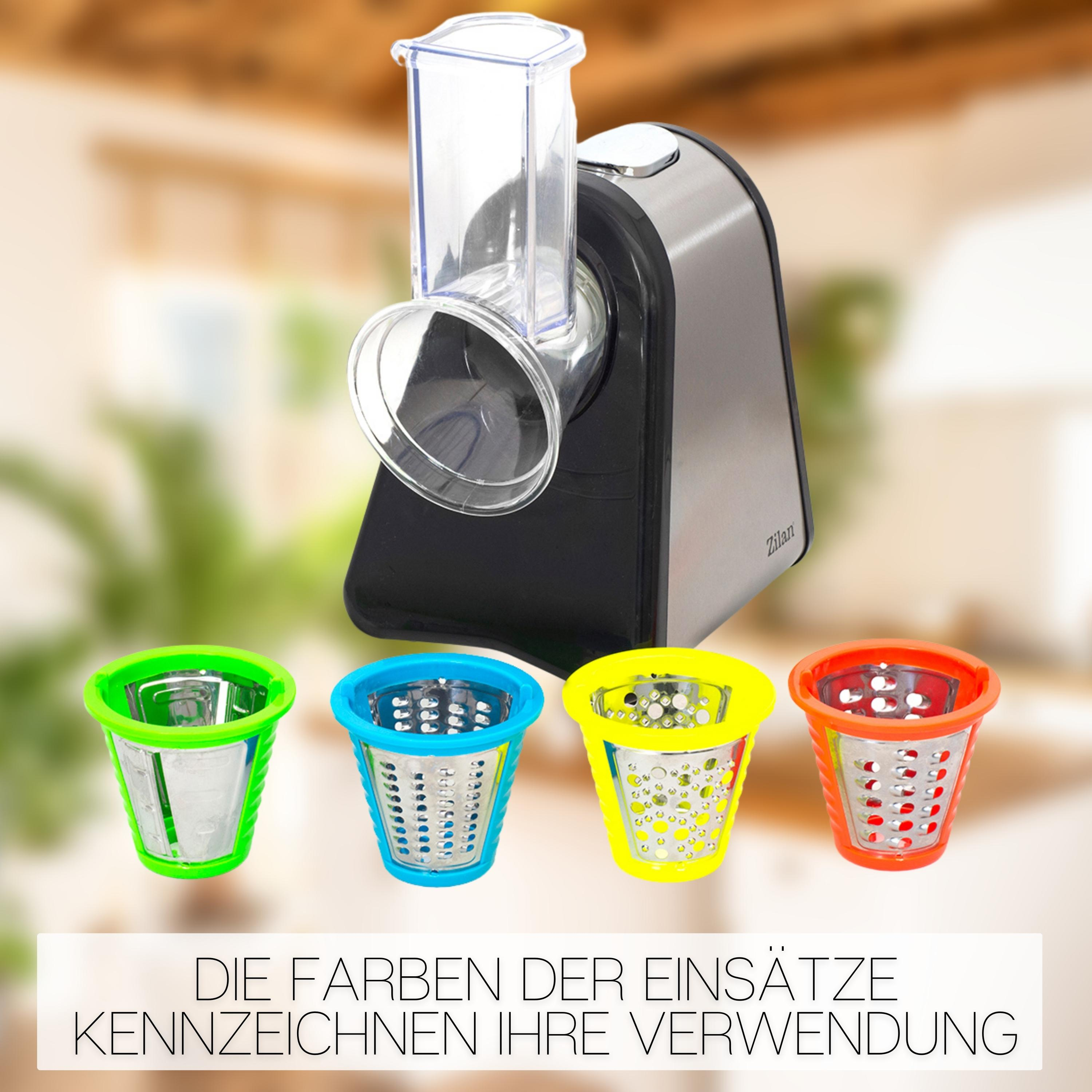 Ein Küchengerät mit vier farbigen Aufsätzen. Text: Farben kennzeichnen die Verwendung.