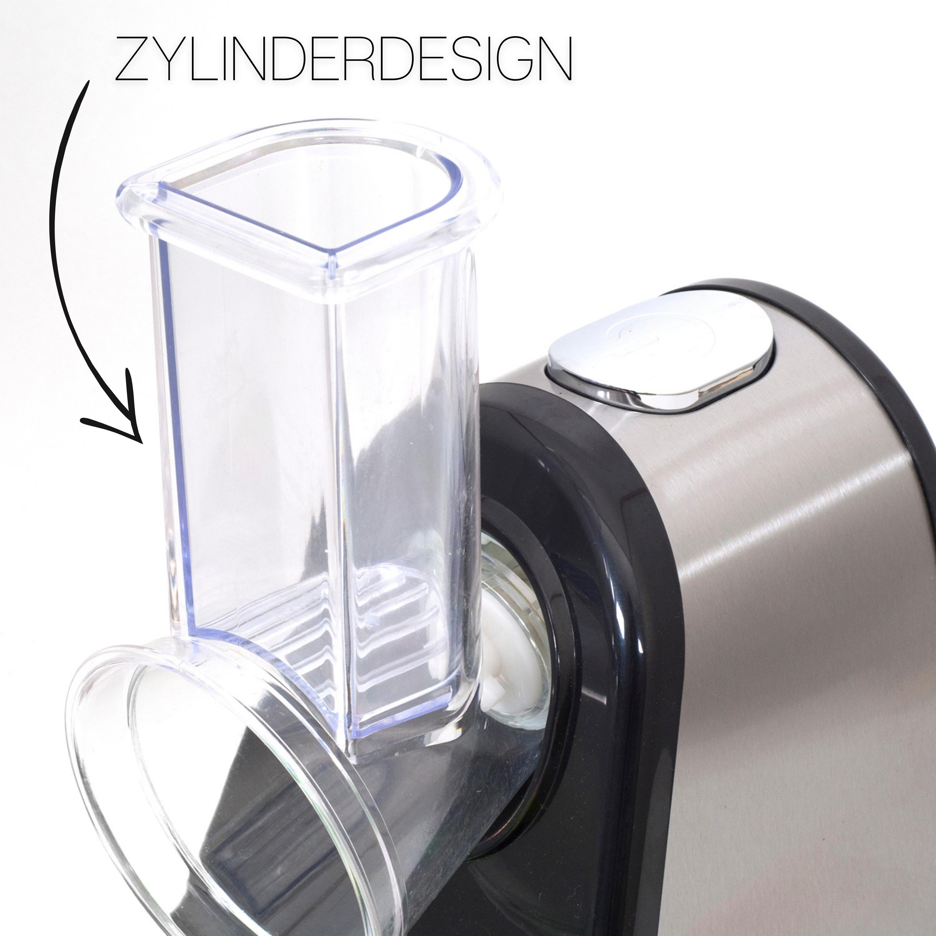 Nahaufnahme eines Küchengeräts mit einem transparenten Kunststoffzylinder mit dem Wort Zylinderdesign darüber.