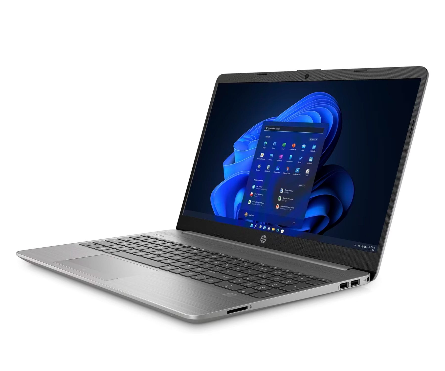 Portátil plateado abierto, mostrando la interfaz de Windows 11. La pantalla muestra iconos de aplicaciones. Aislado sobre fondo blanco.