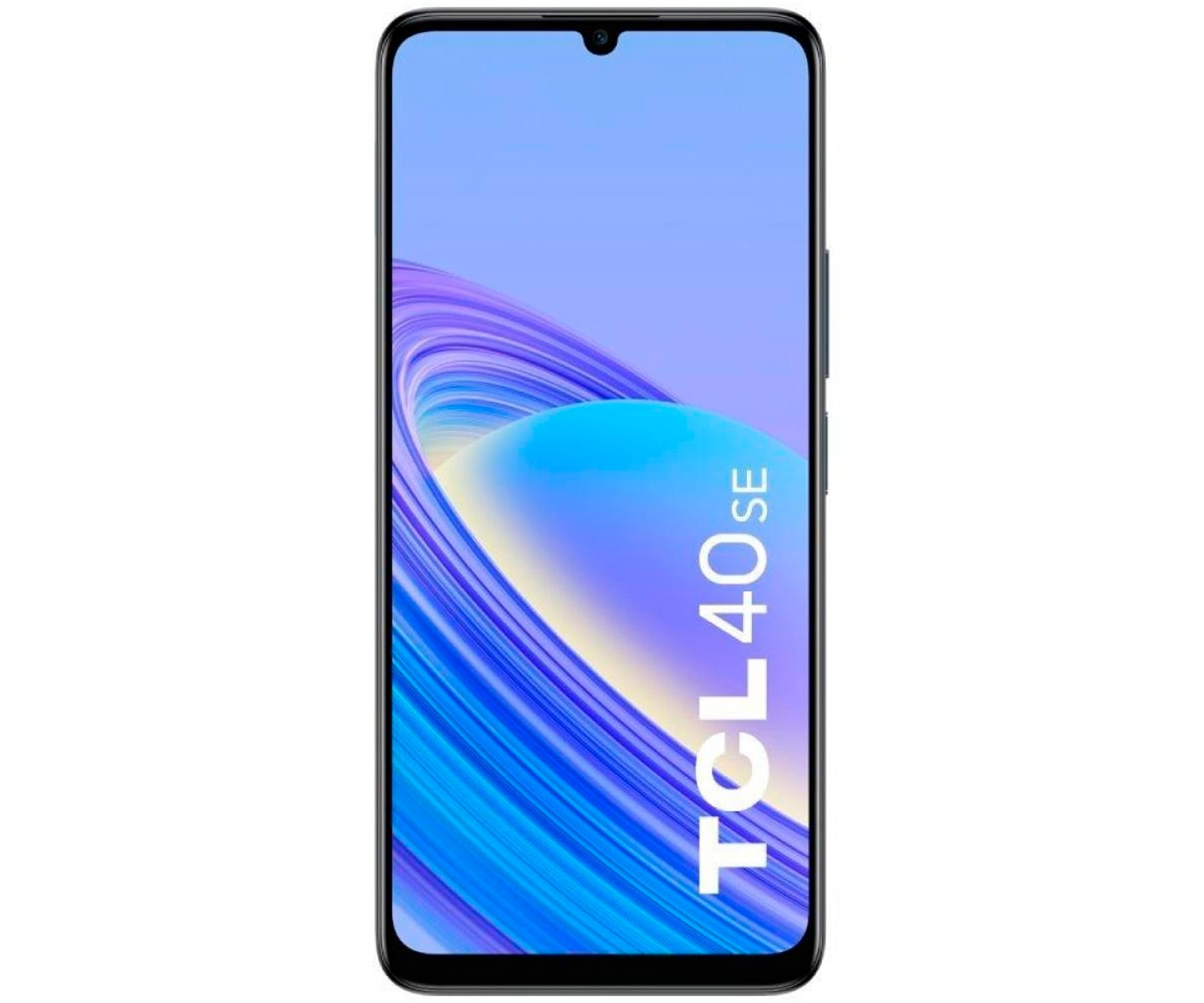 Smartphone TCL 40 SE negro, pantalla muestra diseño abstracto azul y blanco.