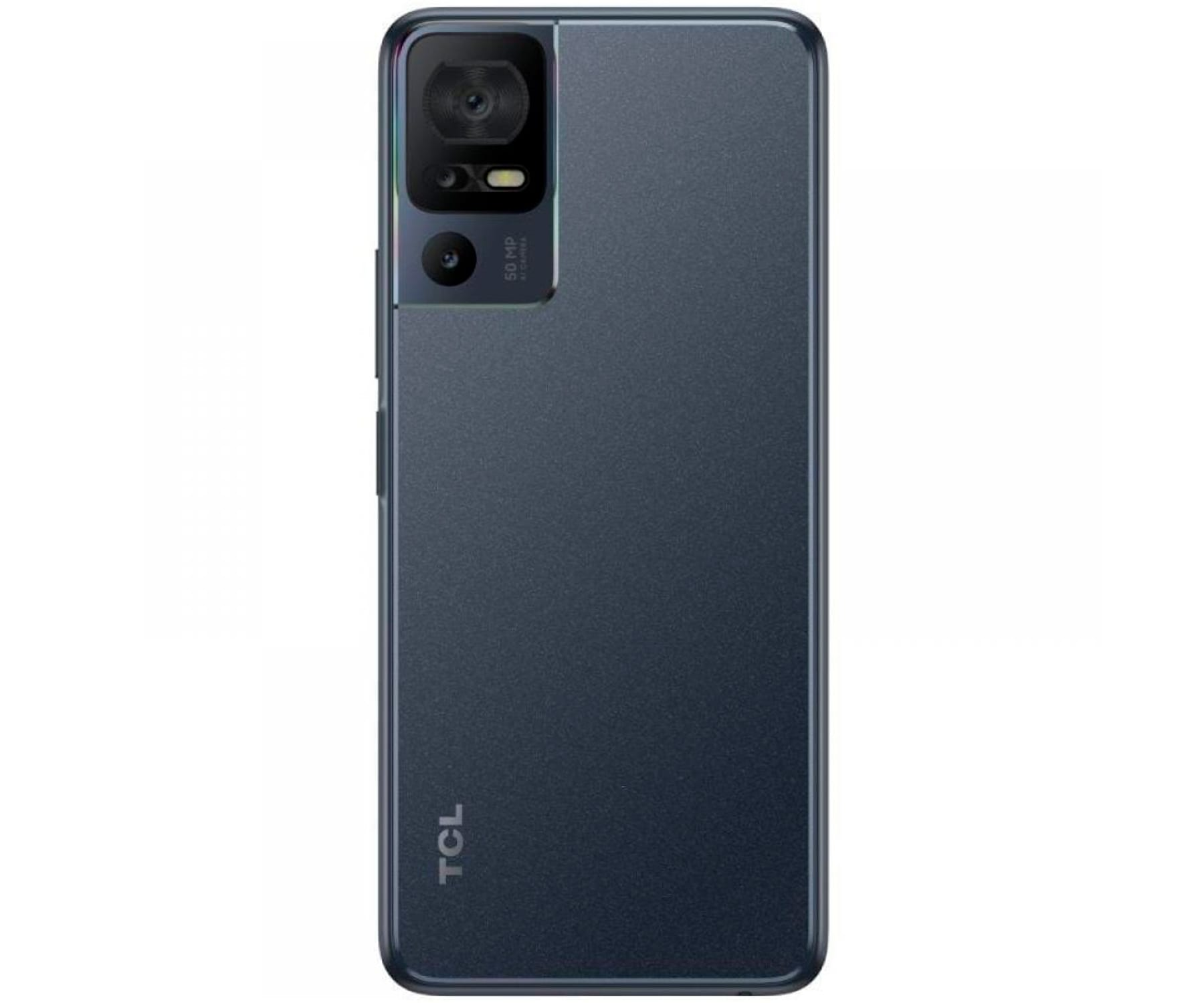 Parte trasera del teléfono TCL azul oscuro. Cámara y logotipo TCL.