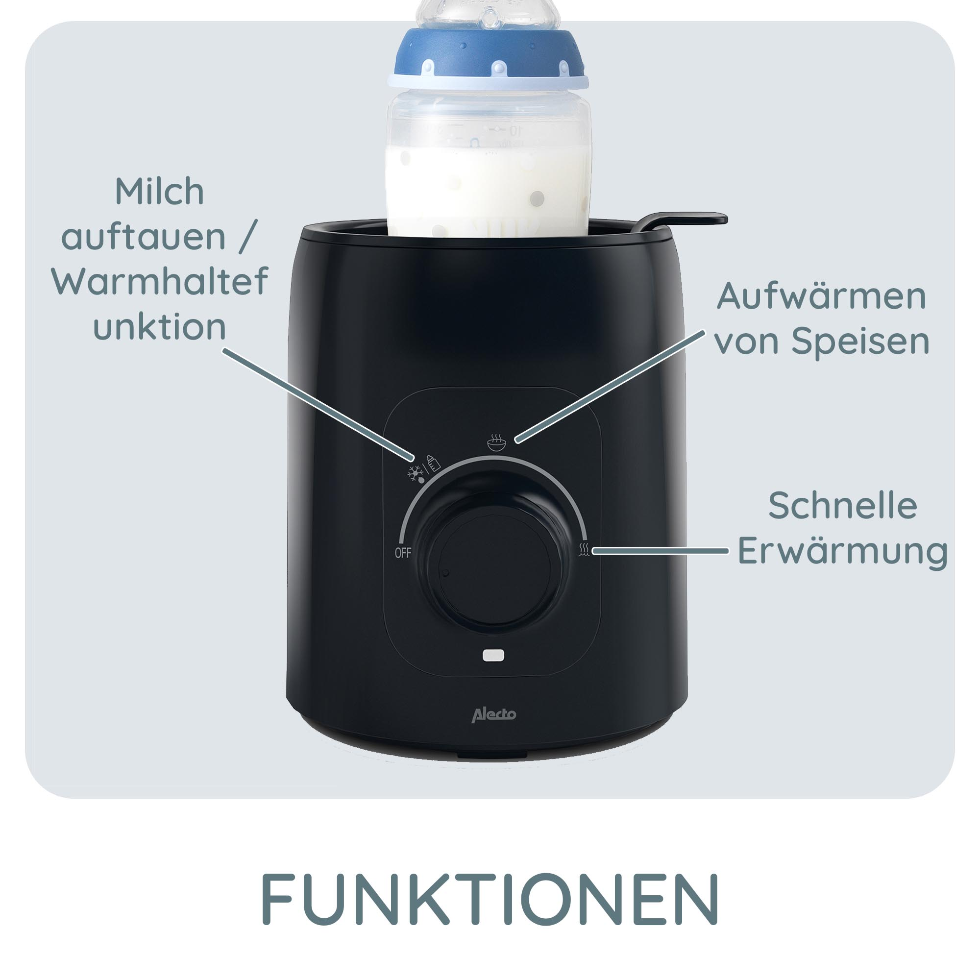Babyflaschenwärmer mit Flasche und Funktionsbeschriftung auf weißem Grund.