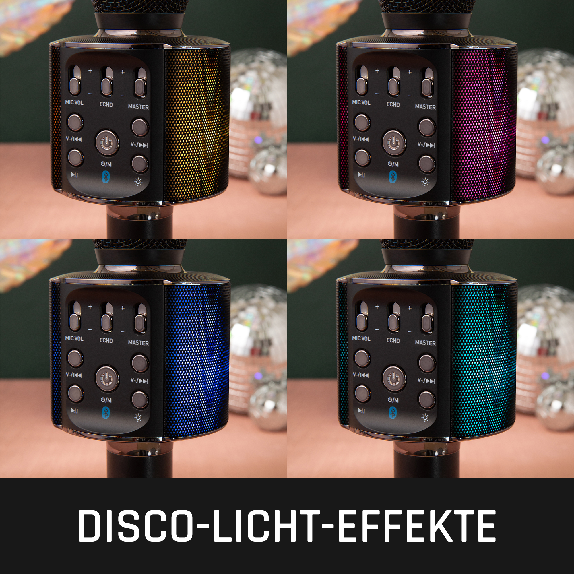 Vier Karaoke-Mikrofone mit Disco-Lichteffekten in verschiedenen Farben.