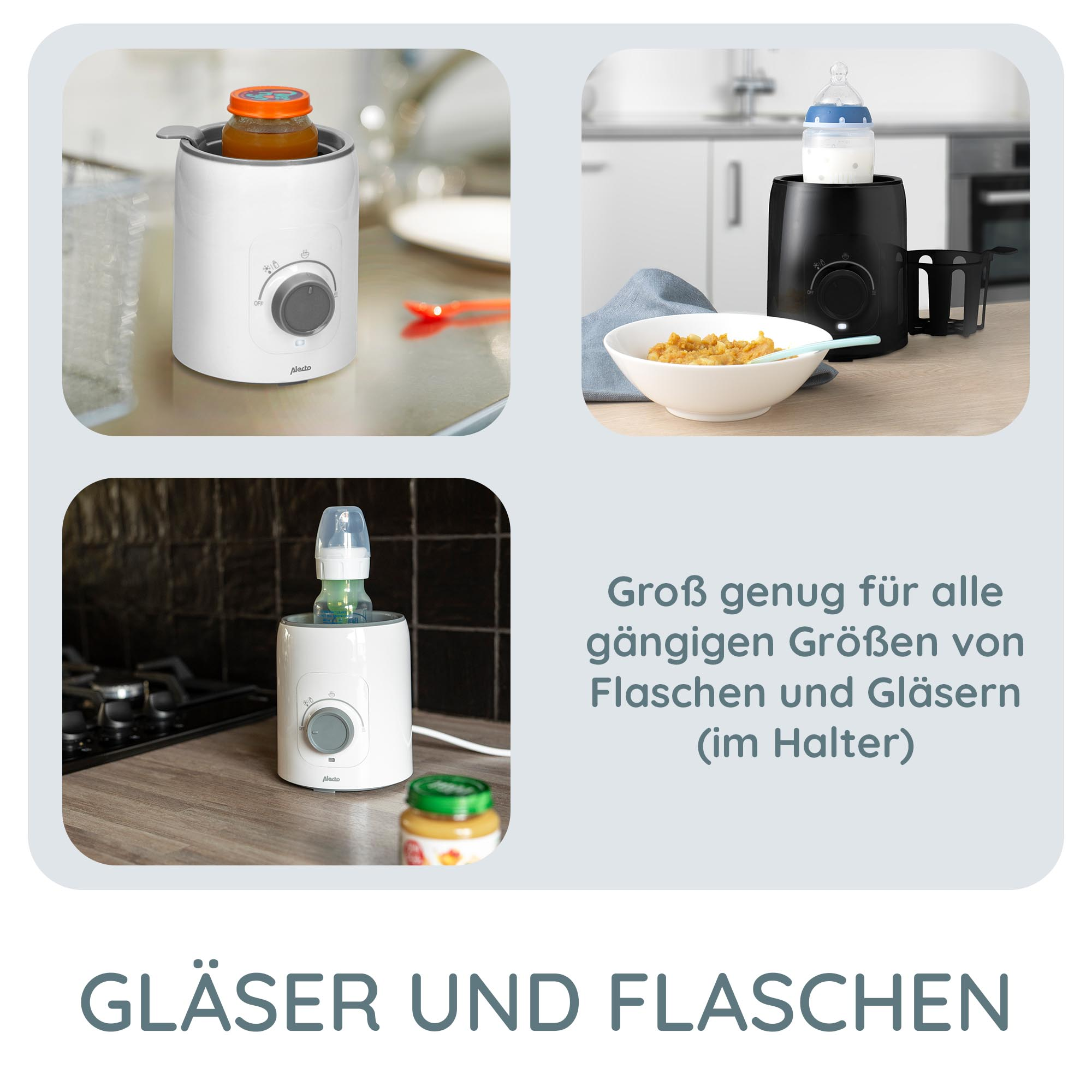 Babyflaschenwärmer mit Babyflaschen und Gläsern. Text: Gläser und Flaschen.