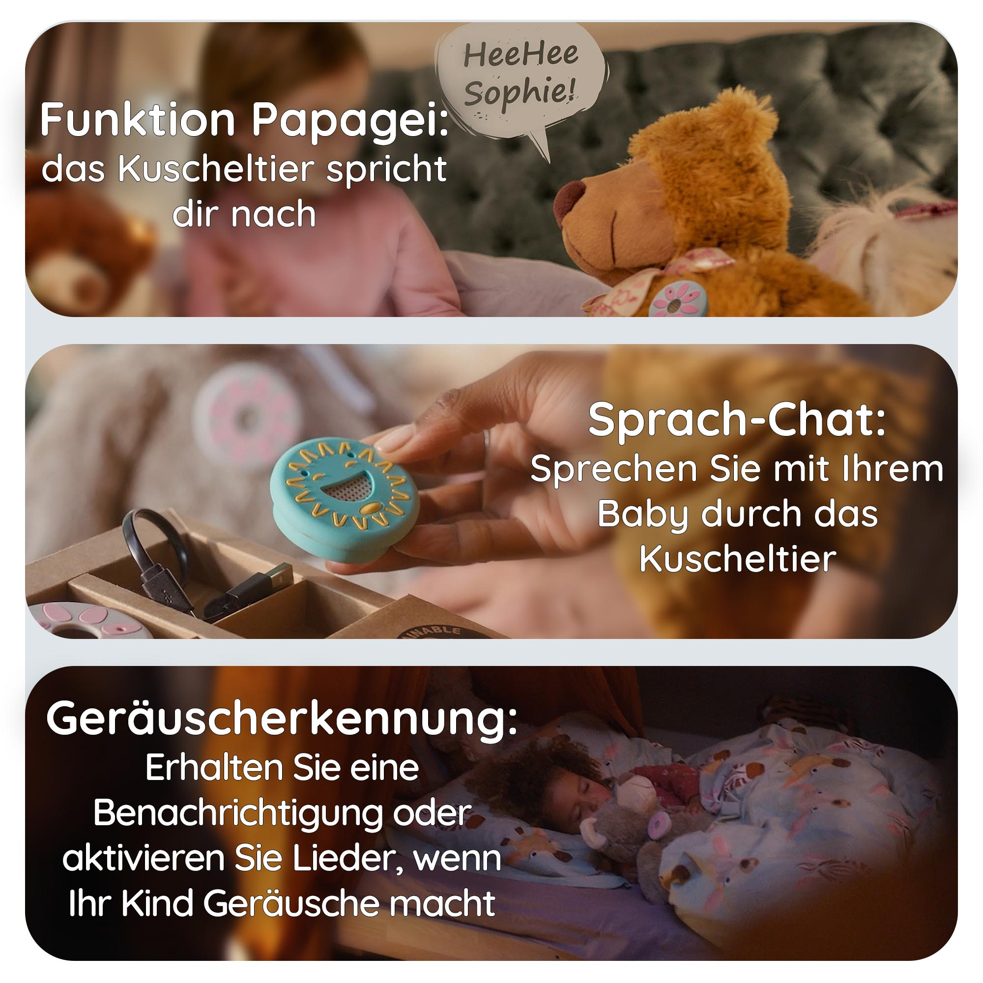 Drei Bilder mit Text: ein Teddybär mit Sprechblase, ein Babyspielzeug und ein schlafendes Baby.
