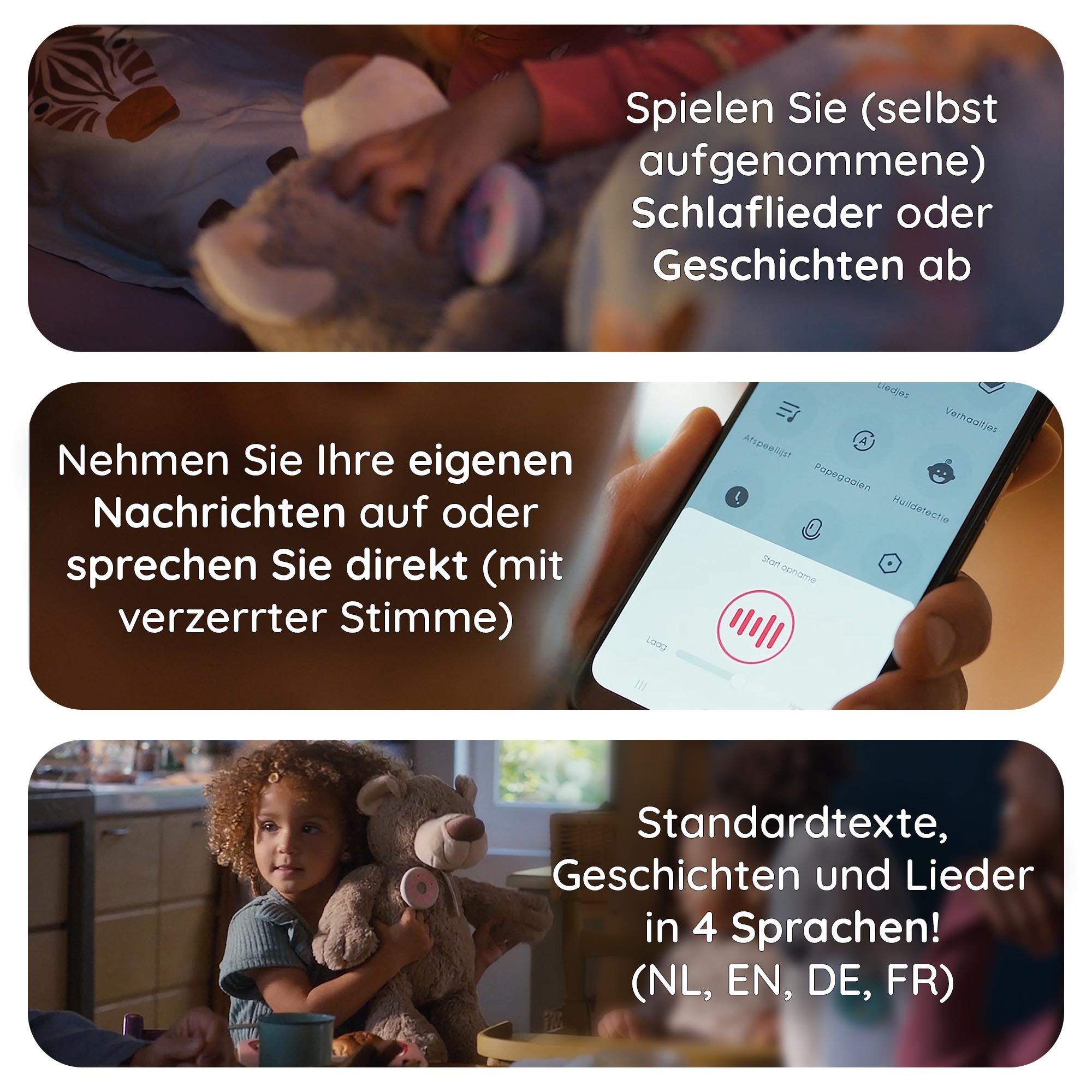 Kind mit Teddybär. Text: Geschichten und Lieder in 4 Sprachen.