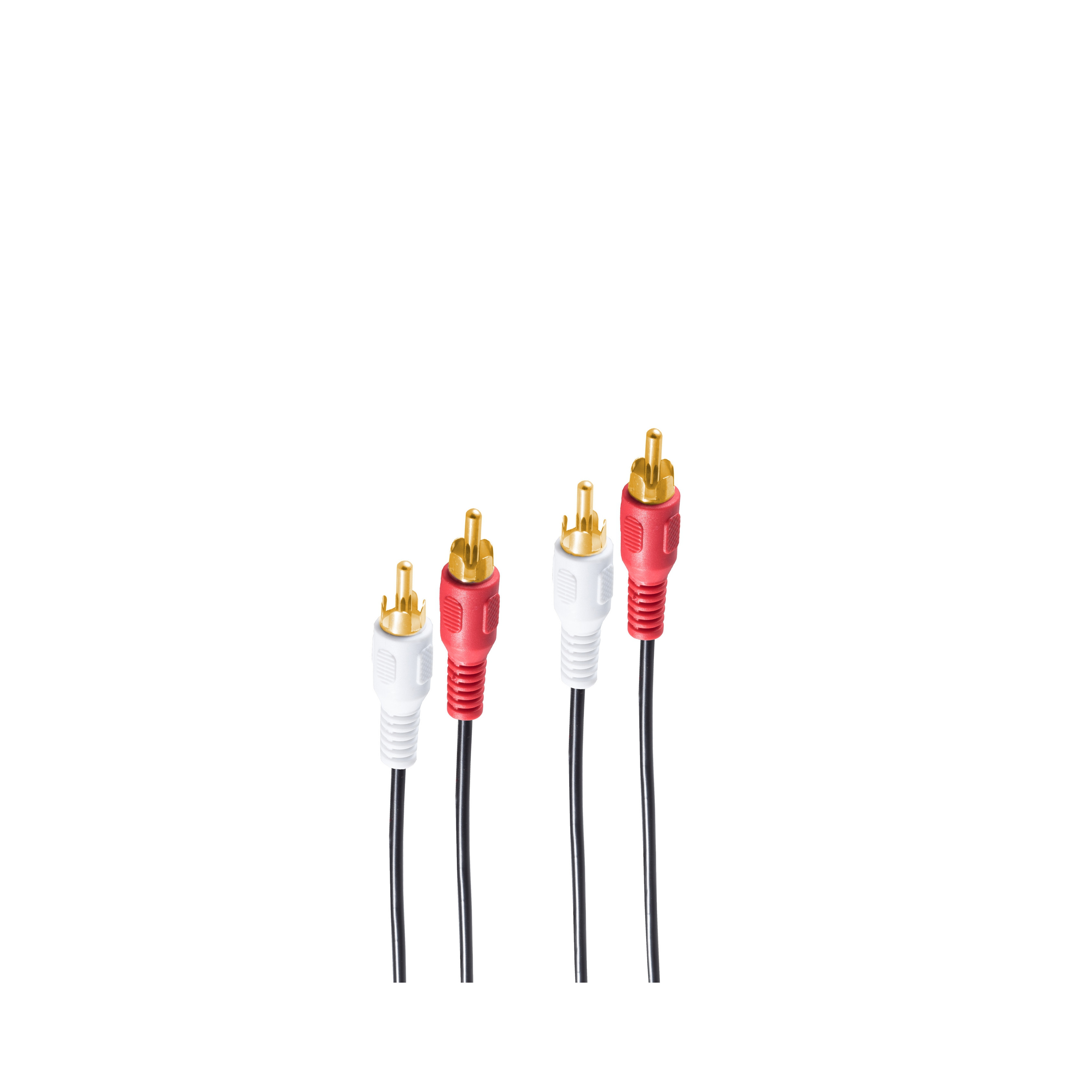 Vier Audiokabel mit roten, weißen Steckern auf weißem Hintergrund.