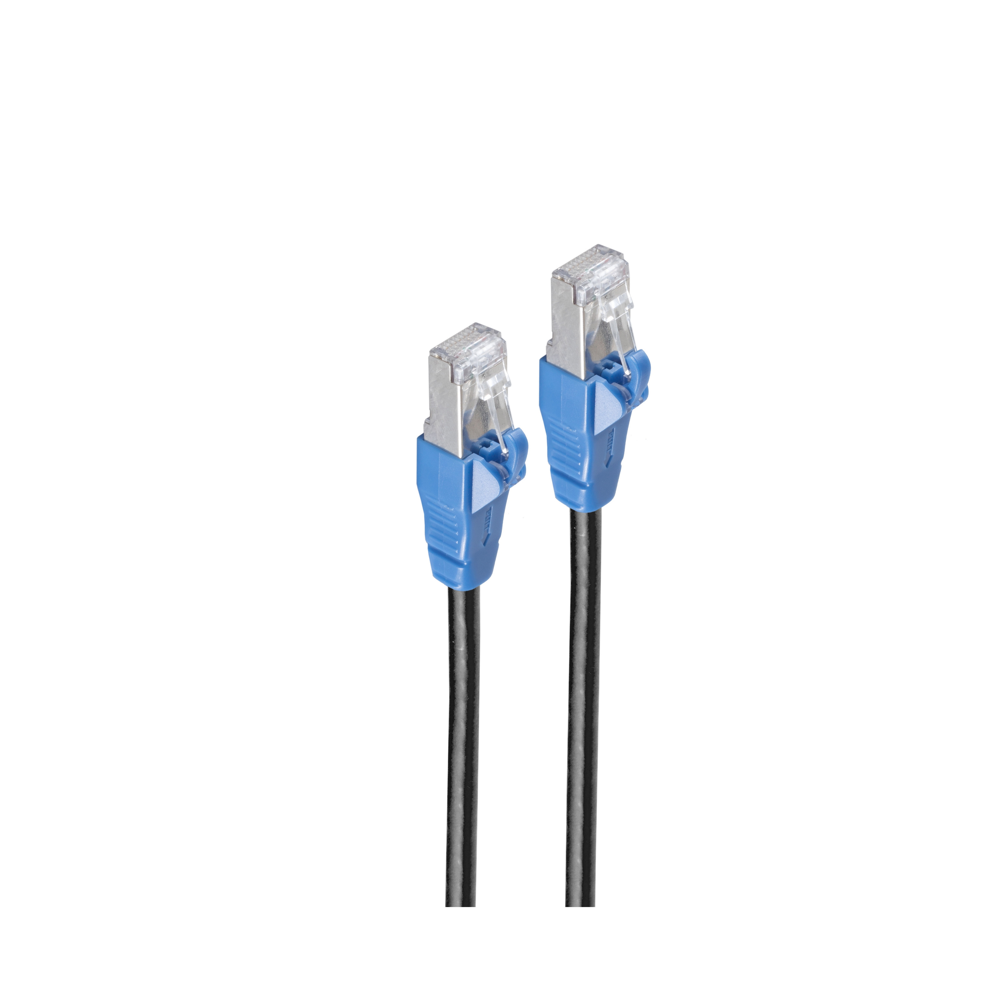 Due cavi di rete neri con connettori blu sono mostrati su sfondo bianco.
