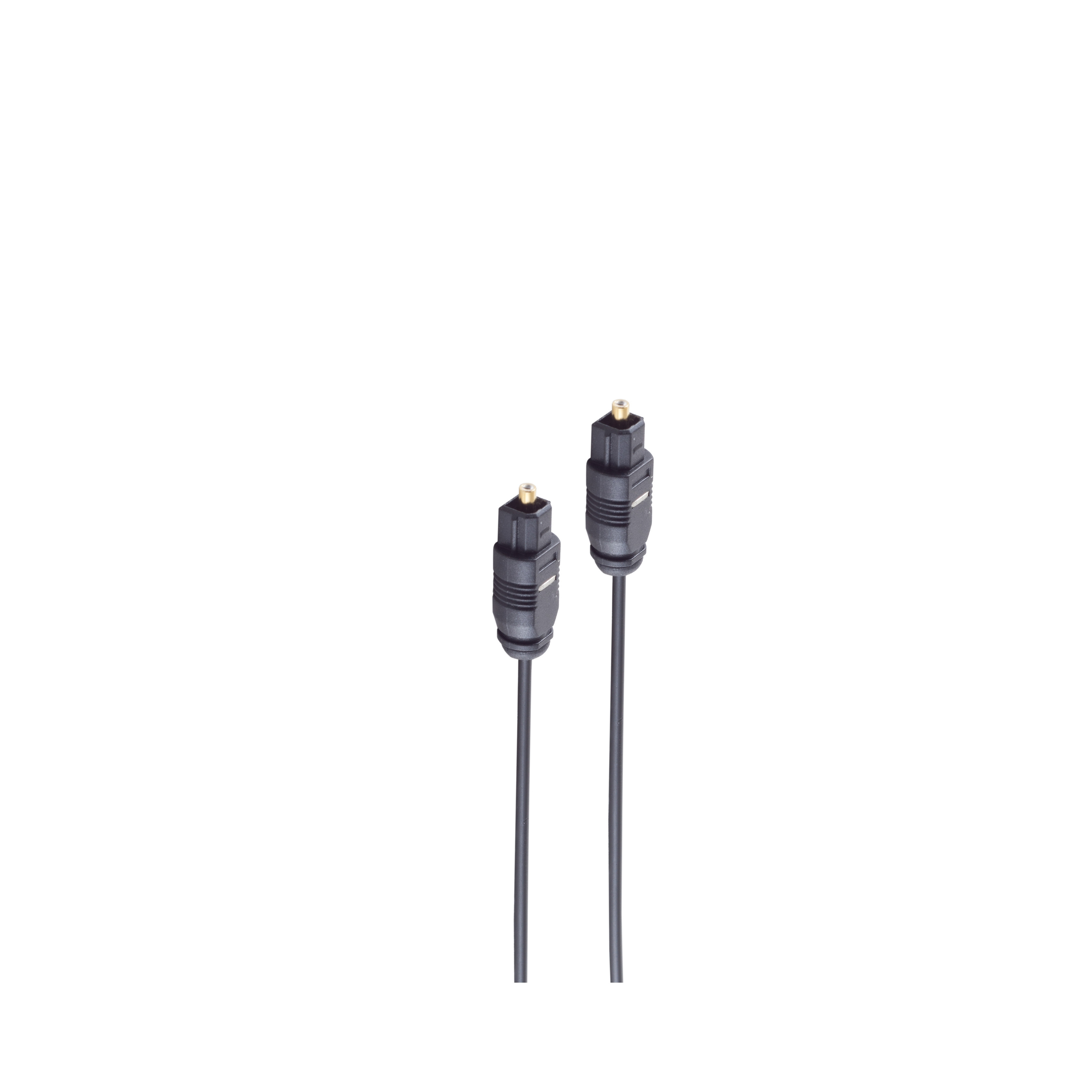 Zwei schwarze optische Audiokabel mit goldfarbenen Steckern vor weißem Hintergrund.