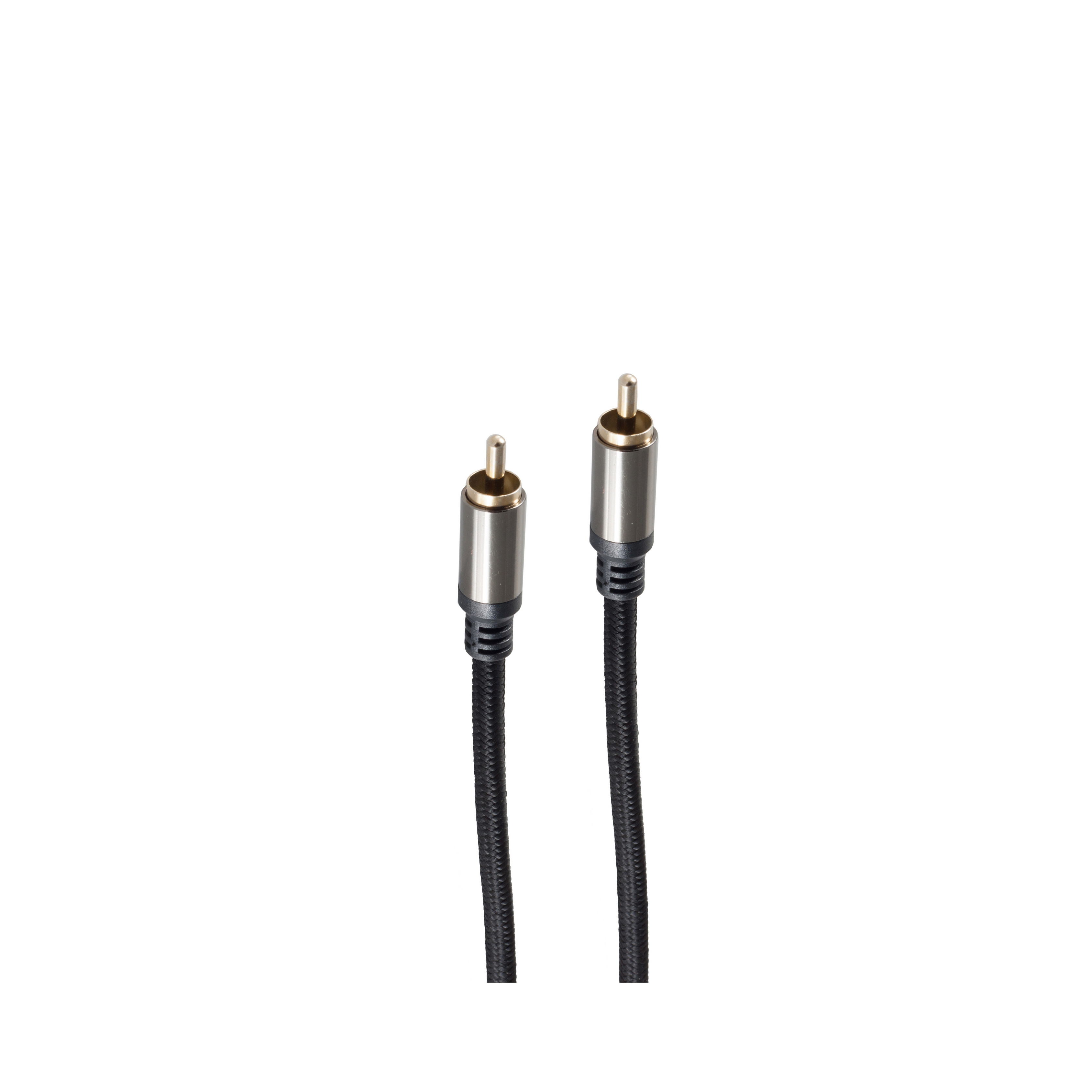 Zwei schwarze Audiokabel mit goldfarbenen Steckern auf weißem Hintergrund.