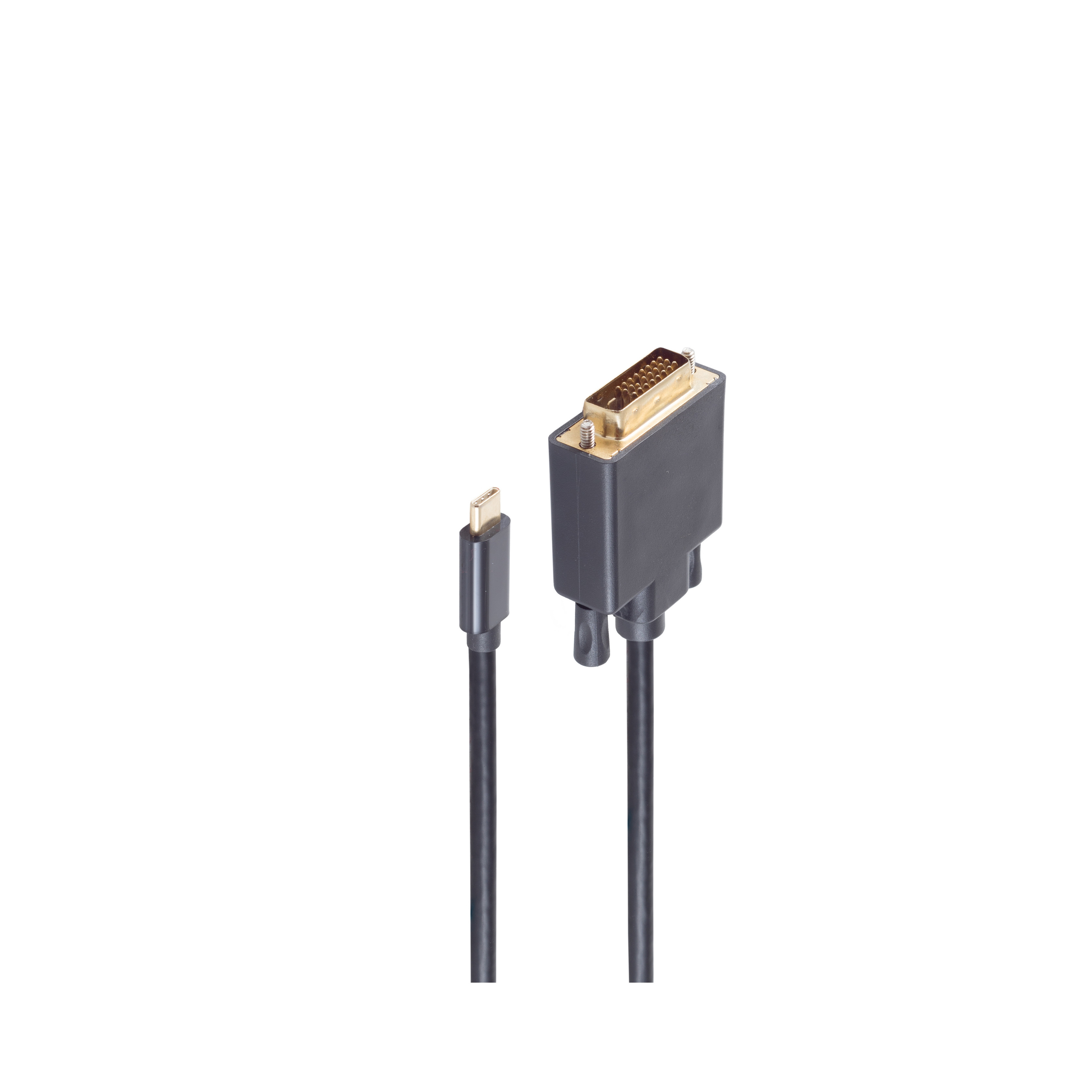 Un cavo nero con un connettore USB-C e un connettore DVI su sfondo bianco.
