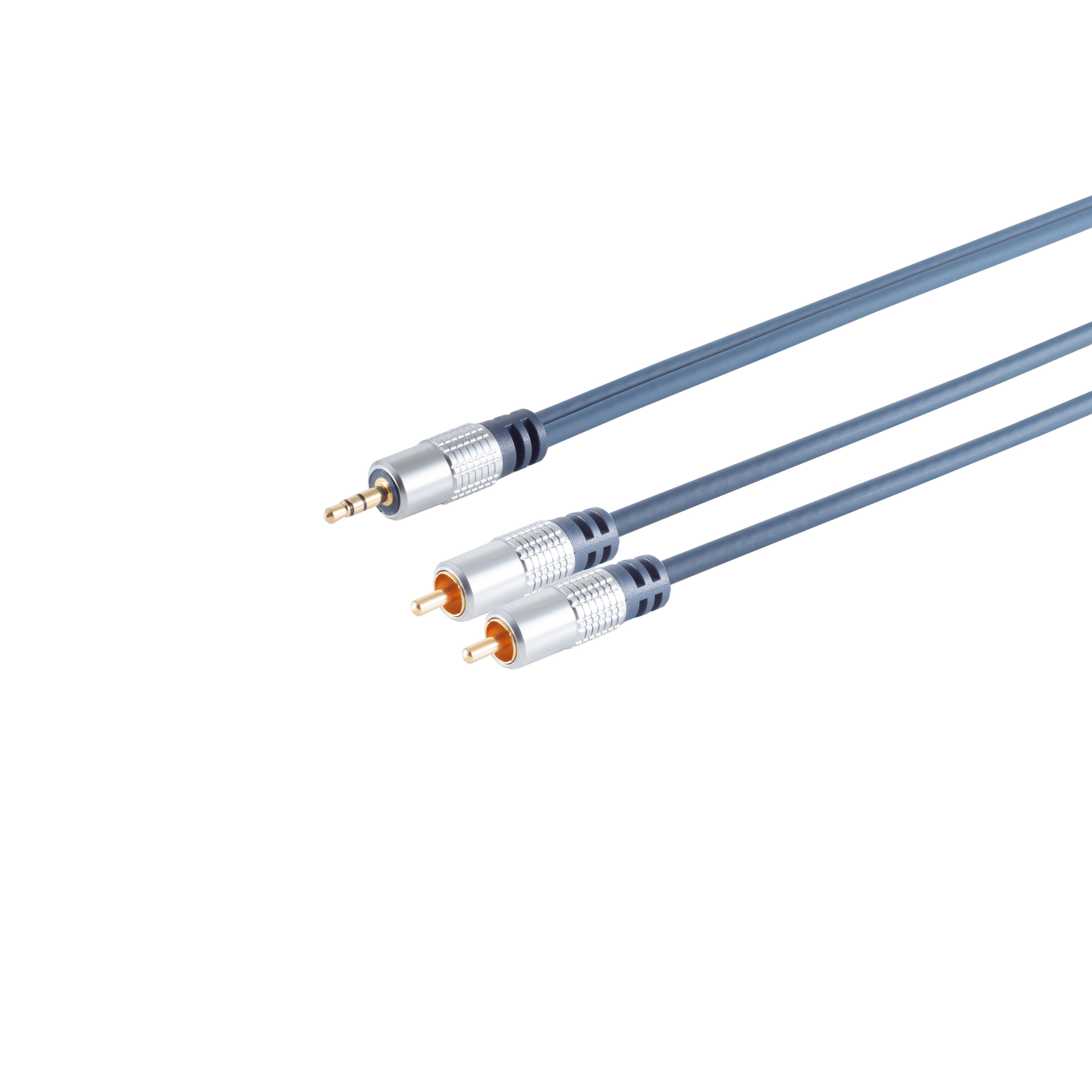 Zwei Audiokabel mit silberfarbenen Steckern. Eines hat einen 3,5-mm-Klinkenstecker, die anderen zwei Cinch-Stecker.