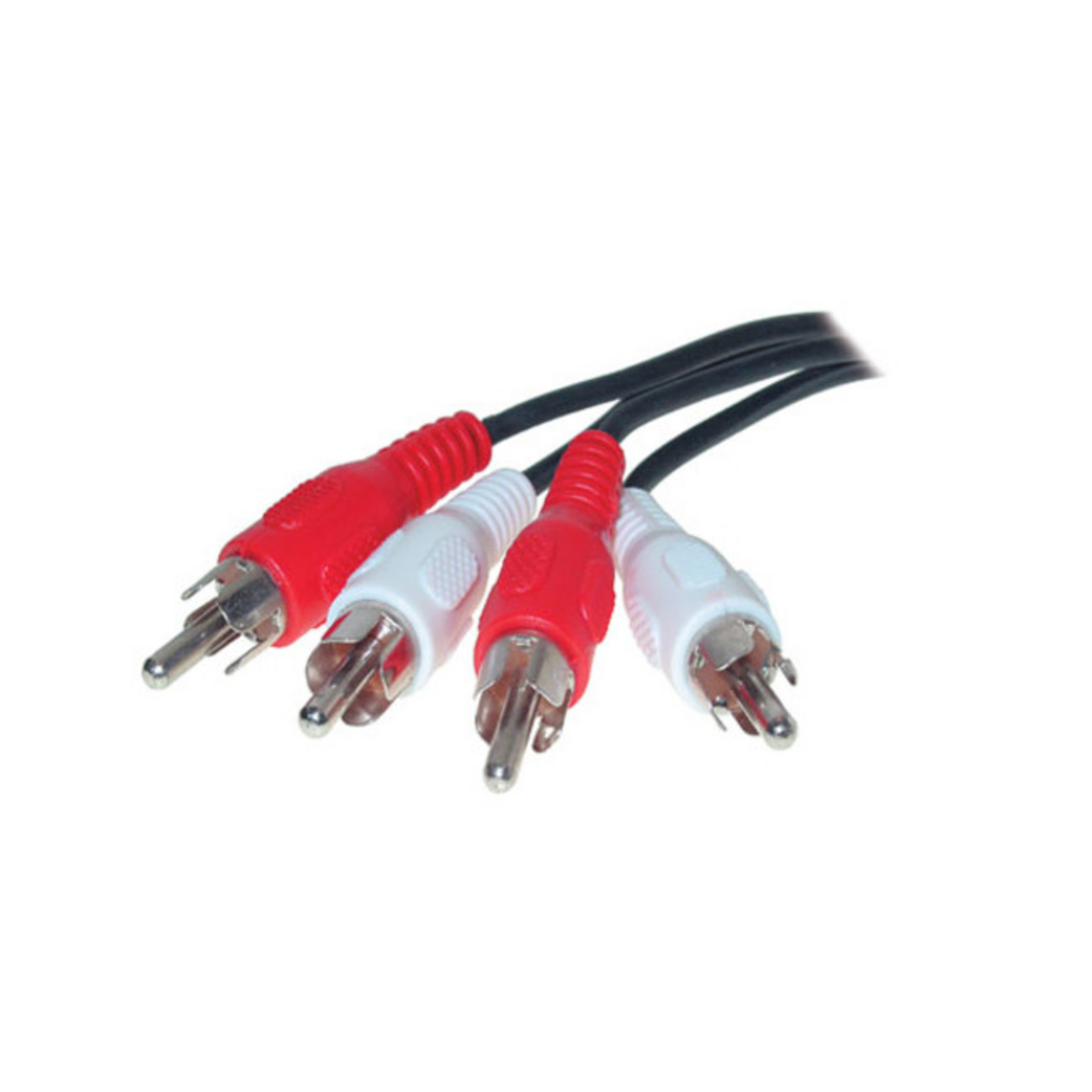 Vier Cinch-Kabel mit roten und weißen Steckern auf weißem Hintergrund.