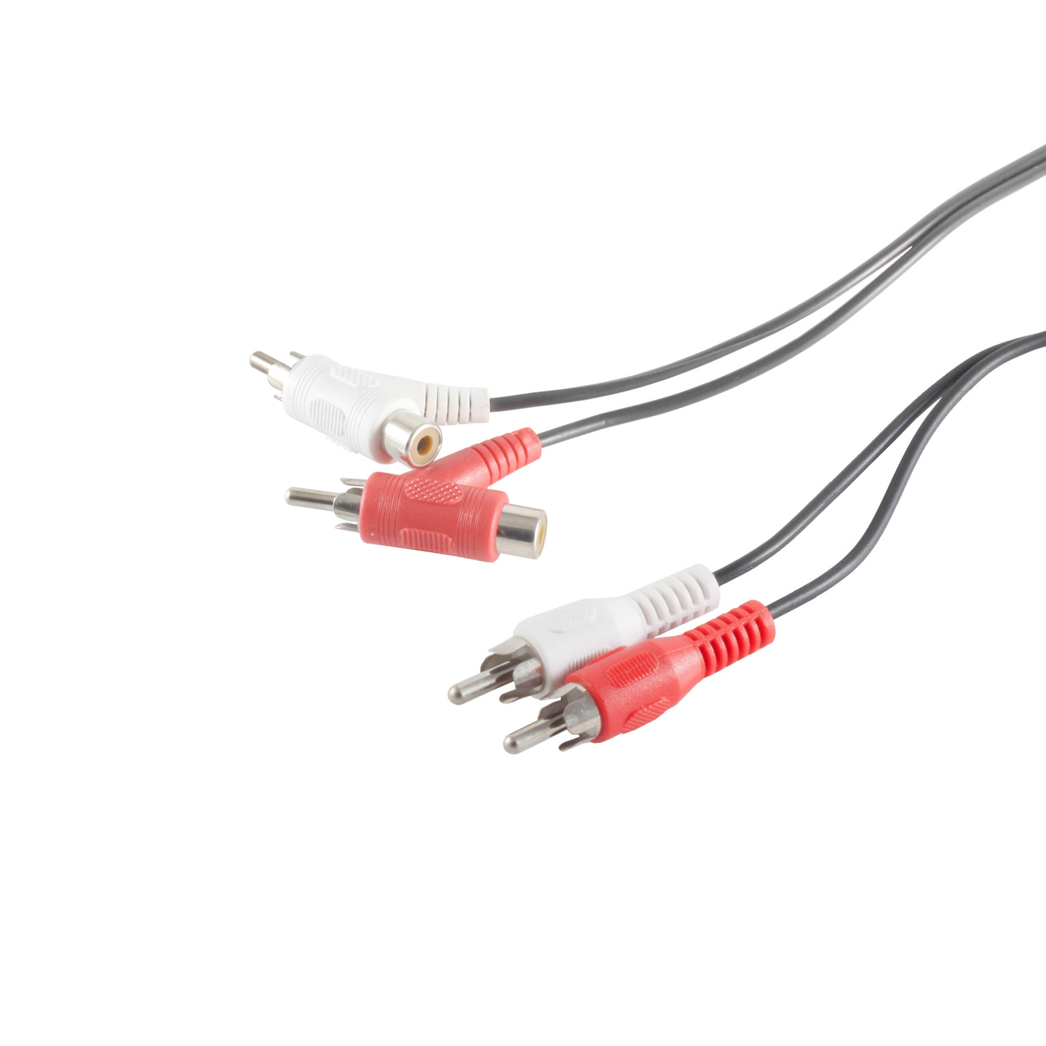 Zwei Audiokabel mit roten und weißen Steckern auf weißem Hintergrund.