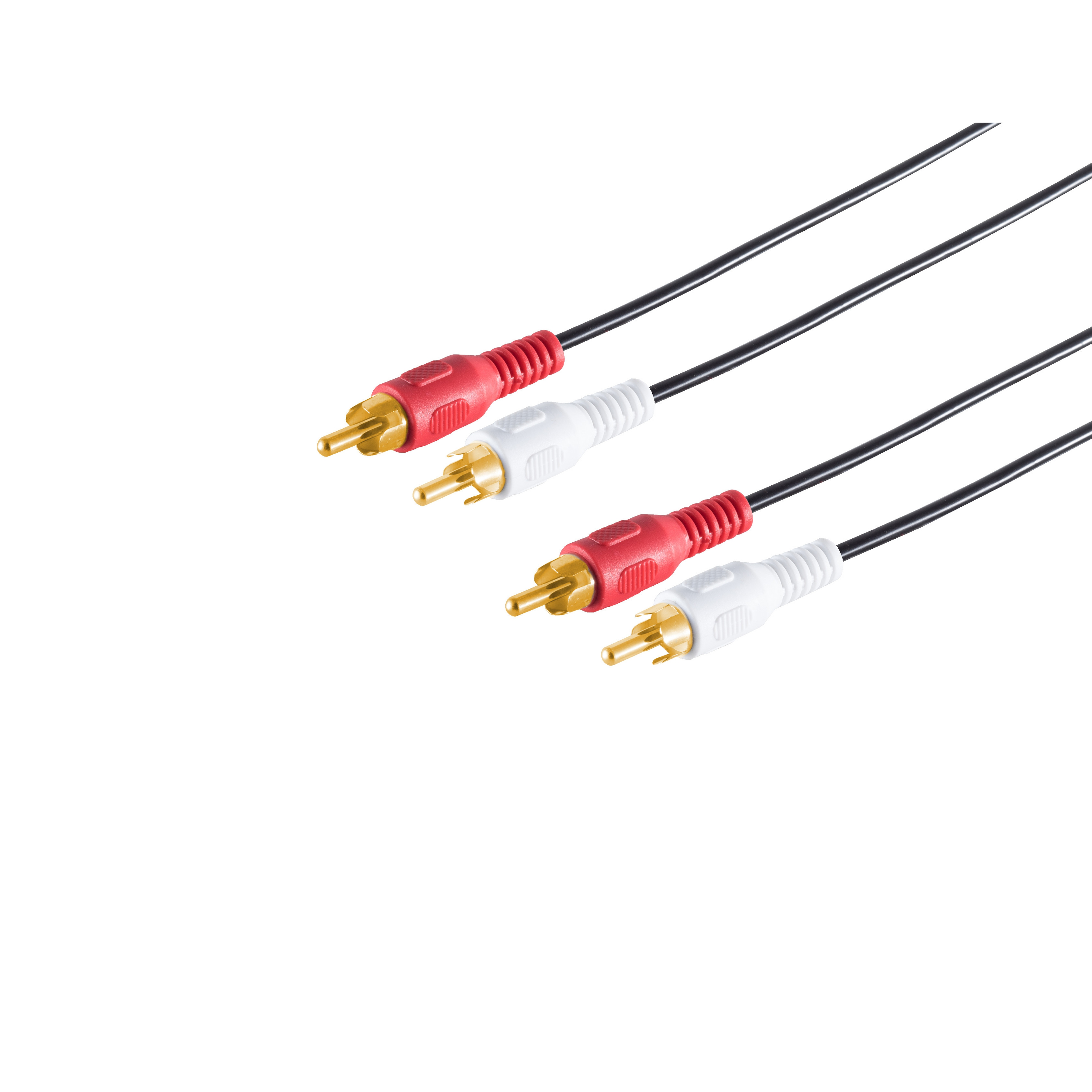 Drei Paare Cinch-Audiokabel, rote und weiße Stecker.