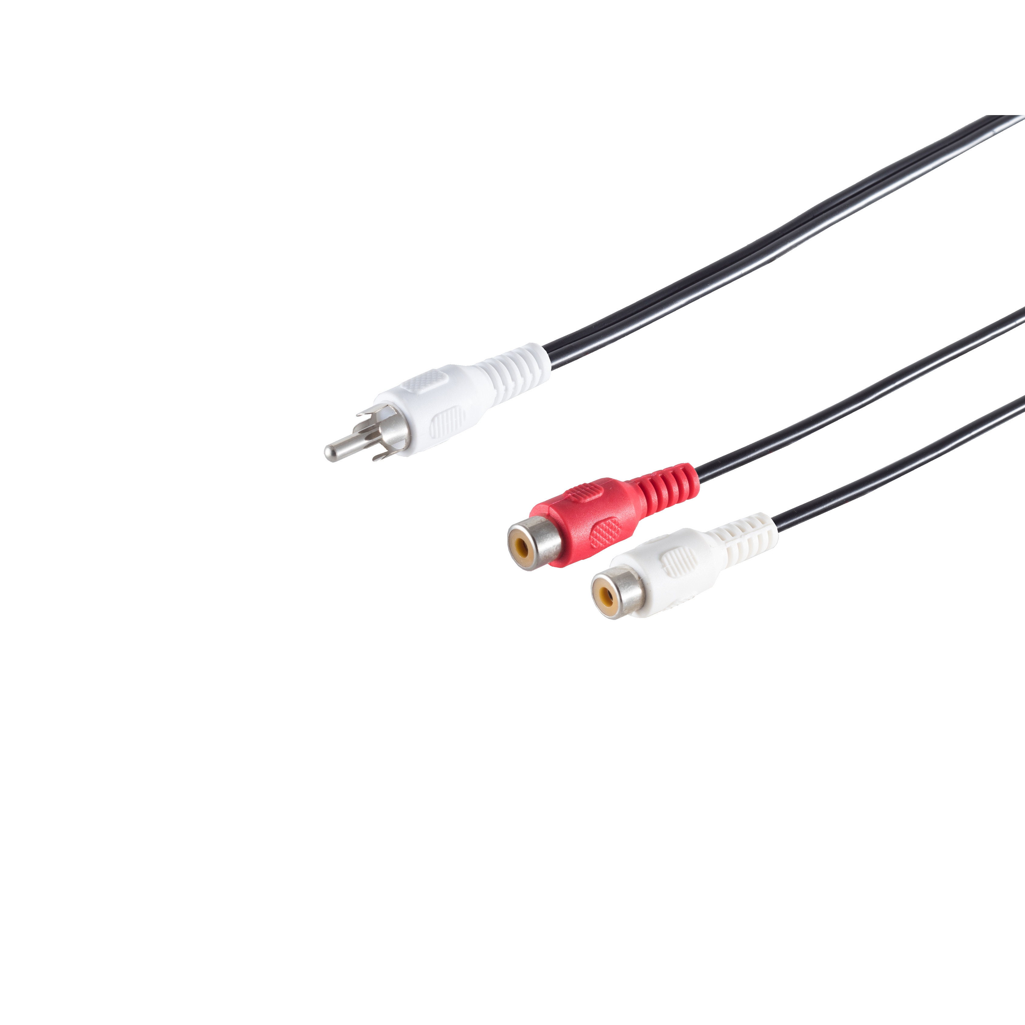 Audiokabel mit weißen und roten Cinch-Anschlüssen und schwarzen Kabeln auf weißem Hintergrund.