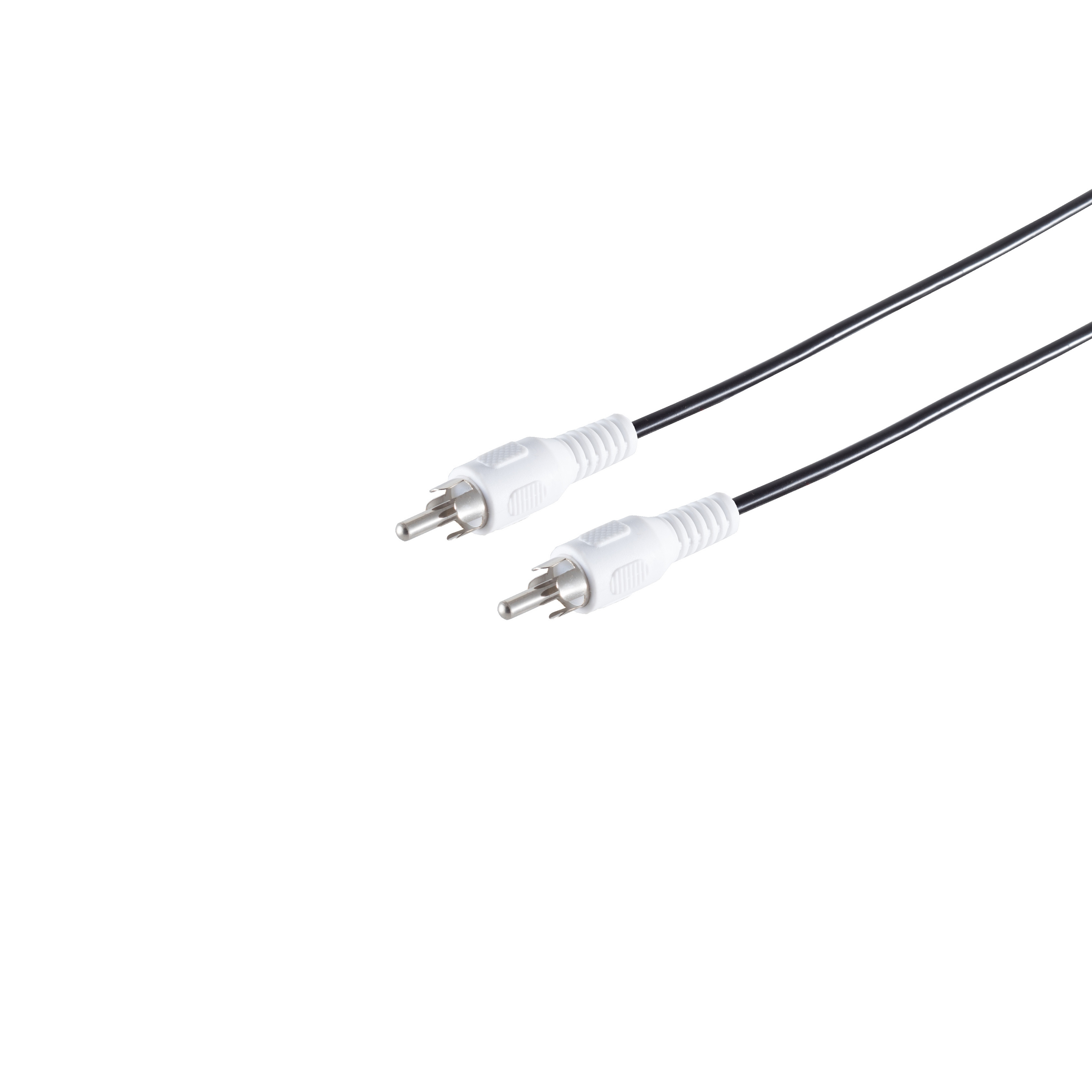 Zwei weiße Cinch-Audiokabel auf weißem Hintergrund.