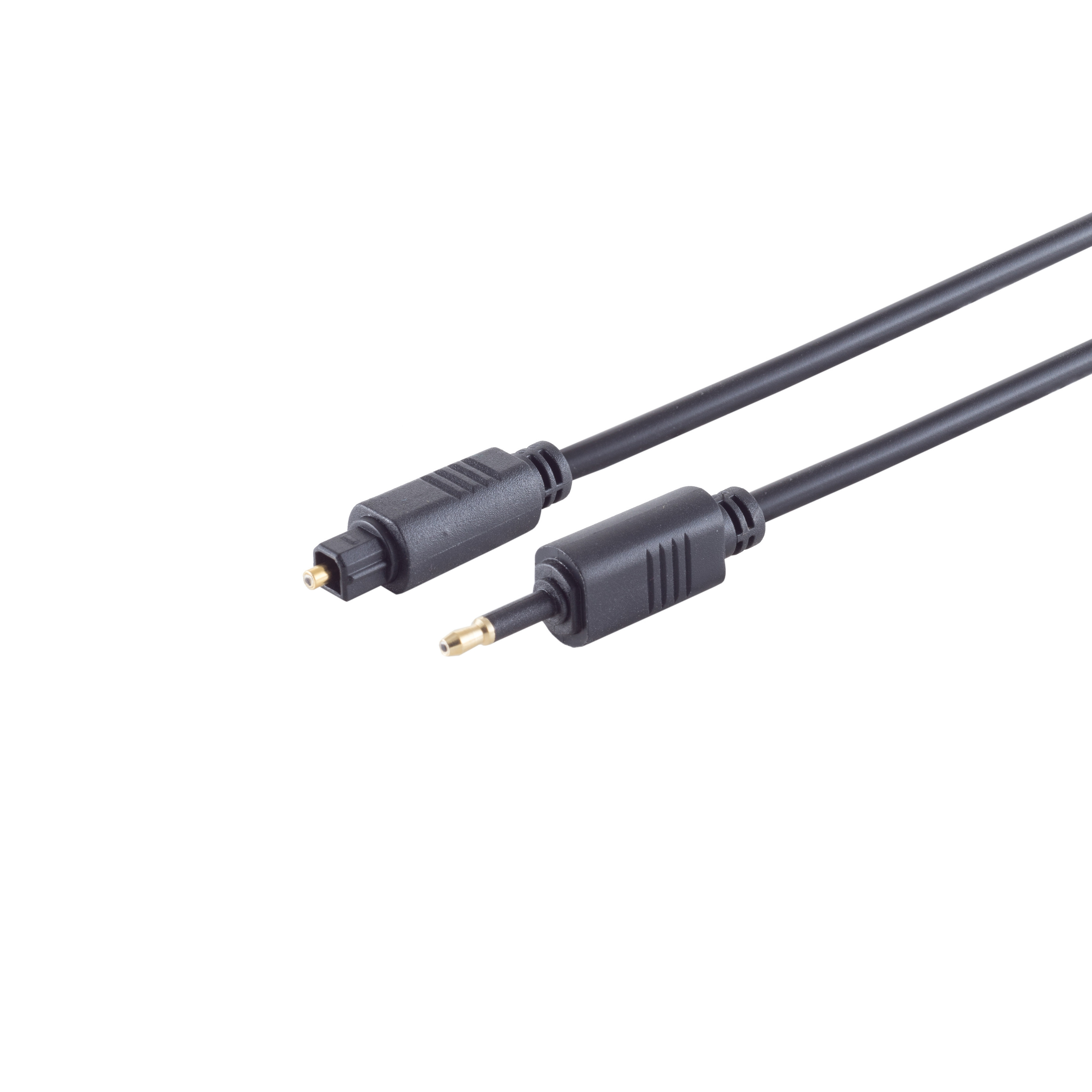 Zwei schwarze optische Audiokabel mit Steckern auf weißem Hintergrund.